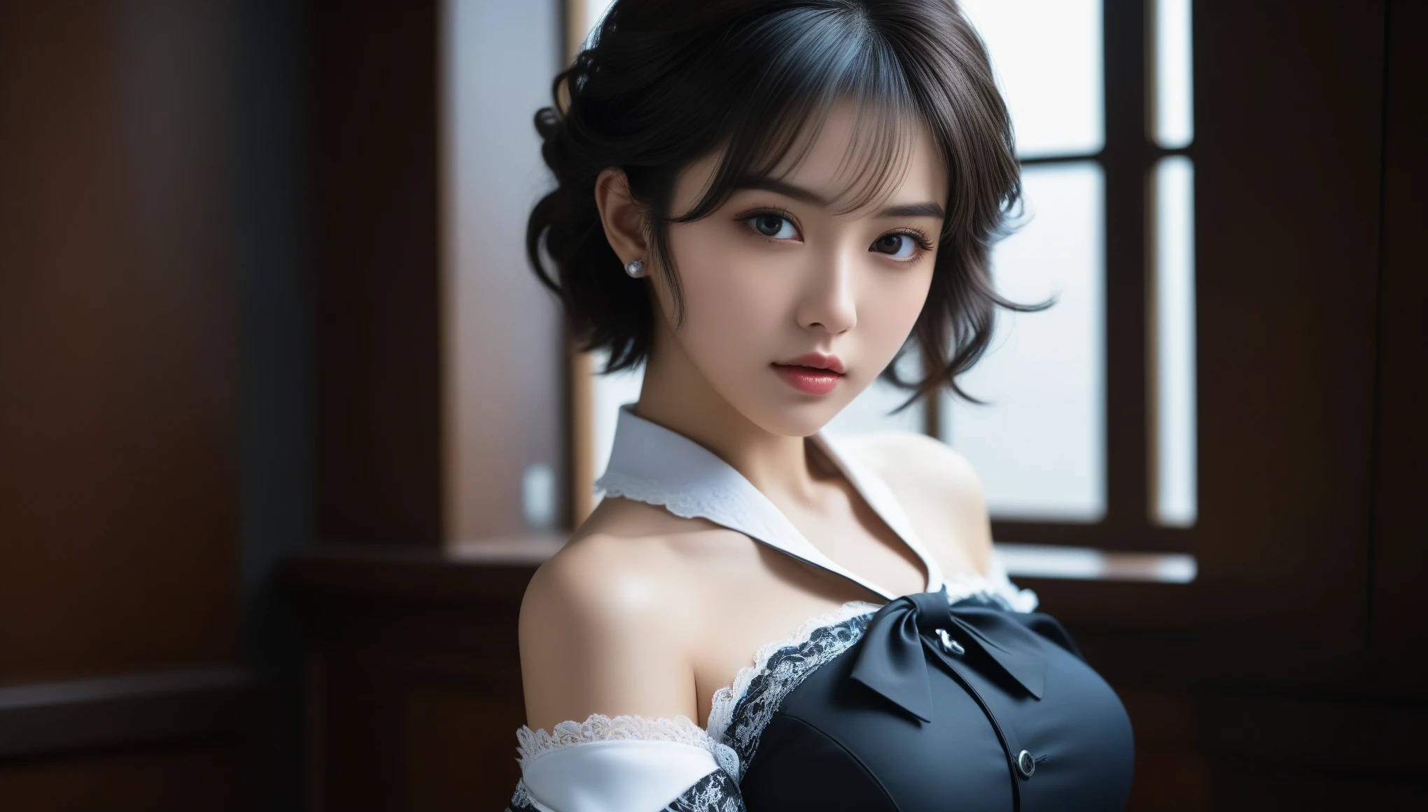 8k, Ultra-high resolution, Highest quality, masterpiece, 三分割法によるphotograph,Surreal, photograph, 1 Girl, (16 years old:1.3), pretty girl, Cute Face, 細部までBeautiful Eyes, 細かくdetailedに,masterpiece,One Girl:1.2,Japanese female announcer,cowboy shot,grin,Black short hair,Messy bun hair,((vampire:1.4)),awe, Natural skin texture、(Medieval European Dress Clothing:1.4)、(Colorful costumes:1.4)、Attractive girl、16 years old、(Perfect female body:1.4)、(女の子のポートレートphotograph:1.4)、(Photorealistic images:1.4),Fantasy art,(Beautiful Face:1.4),Beautiful and attractive eyes、Beautiful Eyes、(Tight waist:1.4)、(9 Beautiful girls with perfect body proportions:1.4),Red lips,(choker:1.4),Looking at the audience,(((Ideal body type))),A-cup small breasts :2,、Portraiture:2、Perfect Anatomy、鮮明なdetailed、detailed,Fashion magazine cover,Thin lips,Gray background ,完璧でBeautiful Face ,完璧でCute Face, Skin with attention to detail, Perfect limbs、Narrow waist,Looking at the audience,(((Ideal body type))),A cup small breasts :2,Portraiture:2,Perfect Anatomy,鮮明なdetailed,detailed,Surreal,Light and shadow,moonlight
