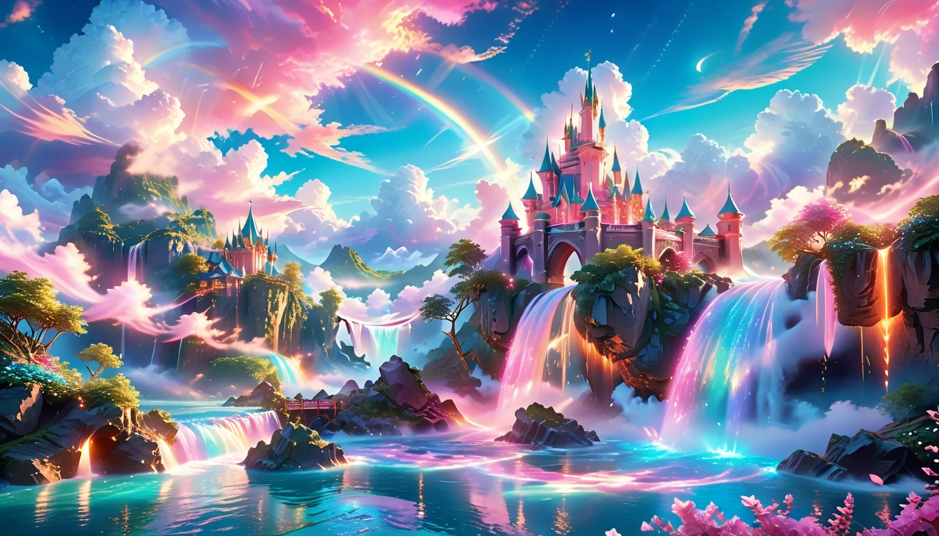 A Masterpiece In 32K Resolution: Supreme Quality, Super Detail, Official Art, Very High-Resolution 32K Wallpaper, Beautiful And Aesthetic, Ultra-Detailed Features, Awe-Inspiring Detail. Enchanted Scenes Of A Majestic Romantic Fantasy Realm. Imagine A Breathtaking World Of Romantic Fantasy, Where Intricate Floating Islands Drift Amid Fluffy Clouds. Waterfalls Cascade Gracefully From These Islands, Creating A Mesmerizing Spectacle Within A Vibrant, Surreal Atmosphere. The Environment Radiates Wonder And Tranquility, Infused With A Harmonious Blend Of Soft Pinks And Vibrant Jewel Tones. This Scene Will Be Illustrated In An Anime Style, Featuring Soft Lines And Pastel Colors Accented With Whimsical Touches. Each Building Is Exquisitely Detailed And Elegant, Capturing The Ethereal Beauty And Serenity Of A Dreamlike Realm. The Artwork Will Evoke A Sense Of Escape From The Ordinary, Showcasing Glimmering Cyan Waters And A Colorful Watercolor Sky. Add Glowing Elements And A Multitude Of Enchanting Fantasy Details, Including Iridescent Features, Beautifully Crafted Landscapes, And Sparkling Accents. The Overall Effect Should Resonate With A Captivating Fantasy Art Style, Rich In Vibrant Colors And Blurred, Surreal Details That Transport Viewers To This Magical Realm.