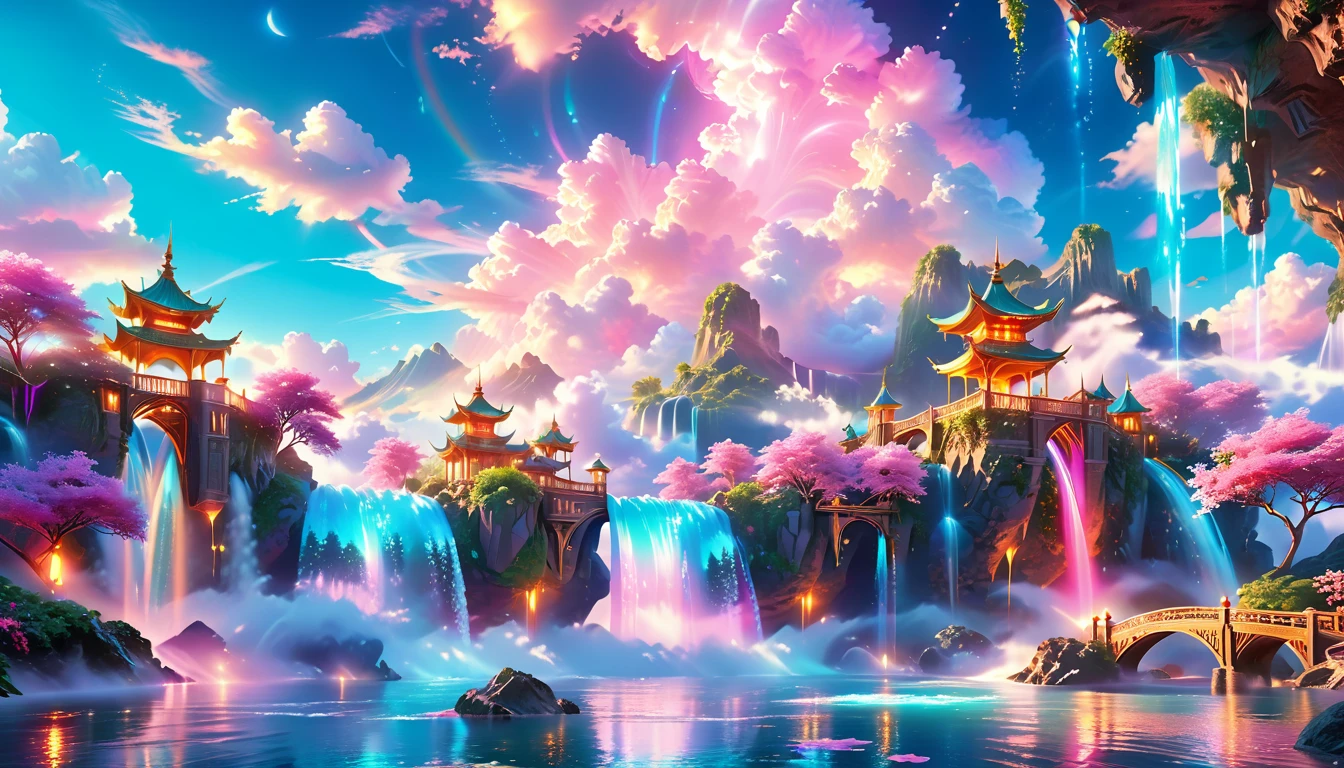 A Masterpiece In 32K Resolution: Supreme Quality, Super Detail, Official Art, Very High-Resolution 32K Wallpaper, Beautiful And Aesthetic, Ultra-Detailed Features, Awe-Inspiring Detail. Enchanted Scenes Of A Majestic Romantic Fantasy Realm. Imagine A Breathtaking World Of Romantic Fantasy, Where Intricate Floating Islands Drift Amid Fluffy Clouds. Waterfalls Cascade Gracefully From These Islands, Creating A Mesmerizing Spectacle Within A Vibrant, Surreal Atmosphere. The Environment Radiates Wonder And Tranquility, Infused With A Harmonious Blend Of Soft Pinks And Vibrant Jewel Tones. This Scene Will Be Illustrated In An Anime Style, Featuring Soft Lines And Pastel Colors Accented With Whimsical Touches. Each Building Is Exquisitely Detailed And Elegant, Capturing The Ethereal Beauty And Serenity Of A Dreamlike Realm. The Artwork Will Evoke A Sense Of Escape From The Ordinary, Showcasing Glimmering Cyan Waters And A Colorful Watercolor Sky. Add Glowing Elements And A Multitude Of Enchanting Fantasy Details, Including Iridescent Features, Beautifully Crafted Landscapes, And Sparkling Accents. The Overall Effect Should Resonate With A Captivating Fantasy Art Style, Rich In Vibrant Colors And Blurred, Surreal Details That Transport Viewers To This Magical Realm.