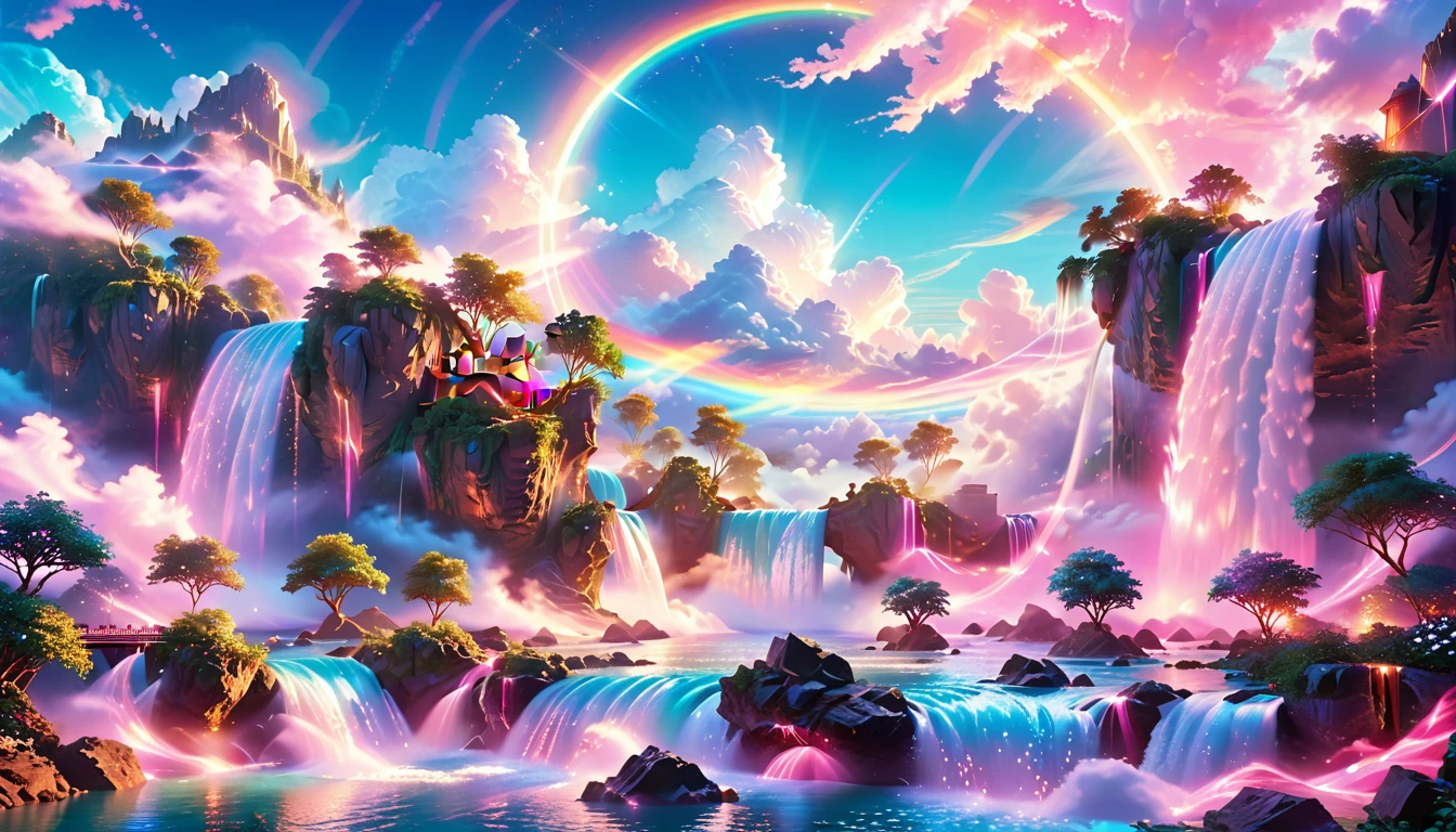 A Masterpiece In 32K Resolution: Supreme Quality, Super Detail, Official Art, Very High-Resolution 32K Wallpaper, Beautiful And Aesthetic, Ultra-Detailed Features, Awe-Inspiring Detail. Enchanted Scenes Of A Majestic Romantic Fantasy Realm. Imagine A Breathtaking World Of Romantic Fantasy, Where Intricate Floating Islands Drift Amid Fluffy Clouds. Waterfalls Cascade Gracefully From These Islands, Creating A Mesmerizing Spectacle Within A Vibrant, Surreal Atmosphere. The Environment Radiates Wonder And Tranquility, Infused With A Harmonious Blend Of Soft Pinks And Vibrant Jewel Tones. This Scene Will Be Illustrated In An Anime Style, Featuring Soft Lines And Pastel Colors Accented With Whimsical Touches. Each Building Is Exquisitely Detailed And Elegant, Capturing The Ethereal Beauty And Serenity Of A Dreamlike Realm. The Artwork Will Evoke A Sense Of Escape From The Ordinary, Showcasing Glimmering Cyan Waters And A Colorful Watercolor Sky. Add Glowing Elements And A Multitude Of Enchanting Fantasy Details, Including Iridescent Features, Beautifully Crafted Landscapes, And Sparkling Accents. The Overall Effect Should Resonate With A Captivating Fantasy Art Style, Rich In Vibrant Colors And Blurred, Surreal Details That Transport Viewers To This Magical Realm.