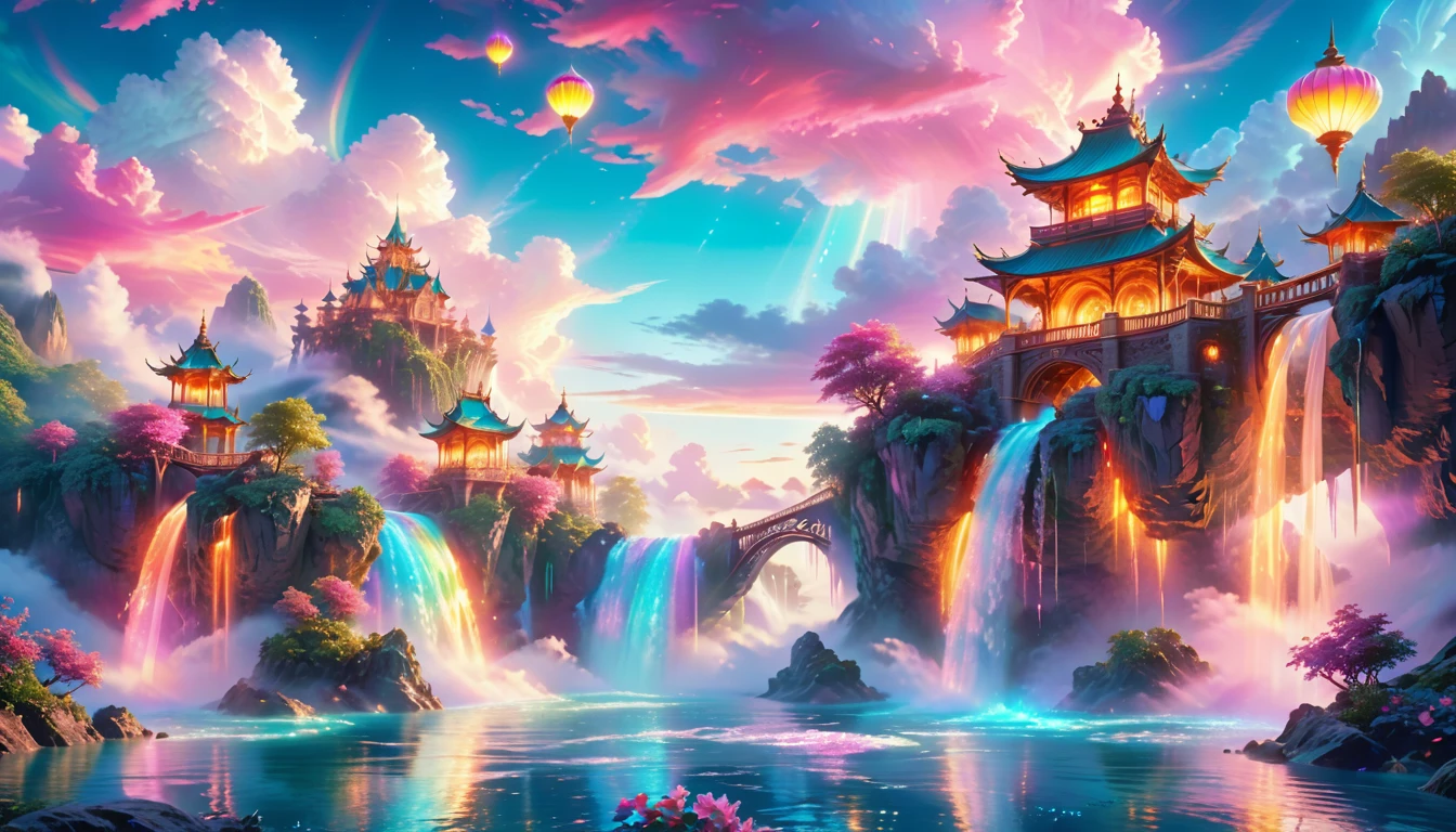 A Masterpiece In 32K Resolution: Supreme Quality, Super Detail, Official Art, Very High-Resolution 32K Wallpaper, Beautiful And Aesthetic, Ultra-Detailed Features, Awe-Inspiring Detail. Enchanted Scenes Of A Majestic Romantic Fantasy Realm. Imagine A Breathtaking World Of Romantic Fantasy, Where Intricate Floating Islands Drift Amid Fluffy Clouds. Waterfalls Cascade Gracefully From These Islands, Creating A Mesmerizing Spectacle Within A Vibrant, Surreal Atmosphere. The Environment Radiates Wonder And Tranquility, Infused With A Harmonious Blend Of Soft Pinks And Vibrant Jewel Tones. This Scene Will Be Illustrated In An Anime Style, Featuring Soft Lines And Pastel Colors Accented With Whimsical Touches. Each Building Is Exquisitely Detailed And Elegant, Capturing The Ethereal Beauty And Serenity Of A Dreamlike Realm. The Artwork Will Evoke A Sense Of Escape From The Ordinary, Showcasing Glimmering Cyan Waters And A Colorful Watercolor Sky. Add Glowing Elements And A Multitude Of Enchanting Fantasy Details, Including Iridescent Features, Beautifully Crafted Landscapes, And Sparkling Accents. The Overall Effect Should Resonate With A Captivating Fantasy Art Style, Rich In Vibrant Colors And Blurred, Surreal Details That Transport Viewers To This Magical Realm.