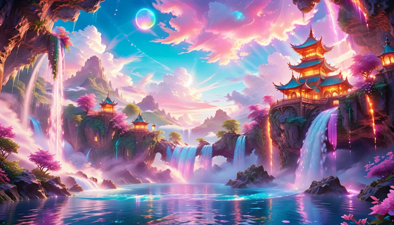 A Masterpiece In 32K Resolution: Supreme Quality, Super Detail, Official Art, Very High-Resolution 32K Wallpaper, Beautiful And Aesthetic, Ultra-Detailed Features, Awe-Inspiring Detail. Enchanted Scenes Of A Majestic Romantic Fantasy Realm. Imagine A Breathtaking World Of Romantic Fantasy, Where Intricate Floating Islands Drift Amid Fluffy Clouds. Waterfalls Cascade Gracefully From These Islands, Creating A Mesmerizing Spectacle Within A Vibrant, Surreal Atmosphere. The Environment Radiates Wonder And Tranquility, Infused With A Harmonious Blend Of Soft Pinks And Vibrant Jewel Tones. This Scene Will Be Illustrated In An Anime Style, Featuring Soft Lines And Pastel Colors Accented With Whimsical Touches. Each Building Is Exquisitely Detailed And Elegant, Capturing The Ethereal Beauty And Serenity Of A Dreamlike Realm. The Artwork Will Evoke A Sense Of Escape From The Ordinary, Showcasing Glimmering Cyan Waters And A Colorful Watercolor Sky. Add Glowing Elements And A Multitude Of Enchanting Fantasy Details, Including Iridescent Features, Beautifully Crafted Landscapes, And Sparkling Accents. The Overall Effect Should Resonate With A Captivating Fantasy Art Style, Rich In Vibrant Colors And Blurred, Surreal Details That Transport Viewers To This Magical Realm.