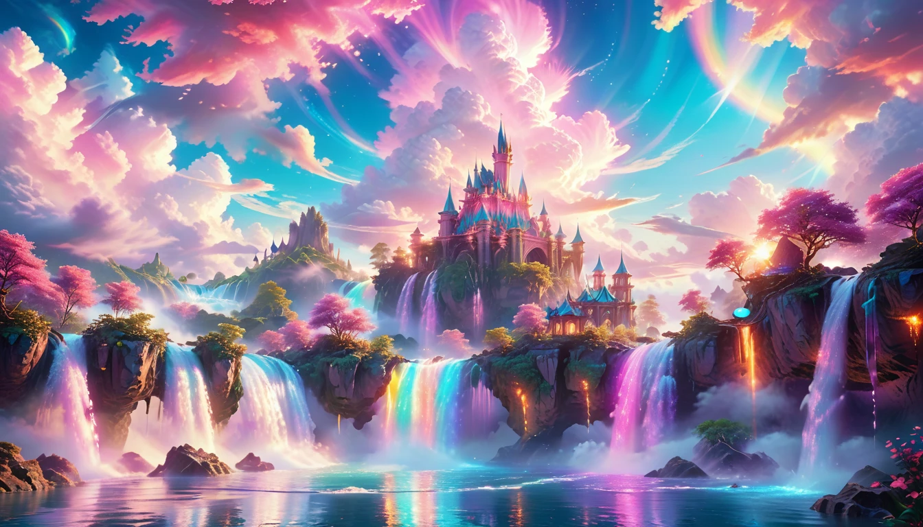 A Masterpiece In 32K Resolution: Supreme Quality, Super Detail, Official Art, Very High-Resolution 32K Wallpaper, Beautiful And Aesthetic, Ultra-Detailed Features, Awe-Inspiring Detail. Enchanted Scenes Of A Majestic Romantic Fantasy Realm. Imagine A Breathtaking World Of Romantic Fantasy, Where Intricate Floating Islands Drift Amid Fluffy Clouds. Waterfalls Cascade Gracefully From These Islands, Creating A Mesmerizing Spectacle Within A Vibrant, Surreal Atmosphere. The Environment Radiates Wonder And Tranquility, Infused With A Harmonious Blend Of Soft Pinks And Vibrant Jewel Tones. This Scene Will Be Illustrated In An Anime Style, Featuring Soft Lines And Pastel Colors Accented With Whimsical Touches. Each Building Is Exquisitely Detailed And Elegant, Capturing The Ethereal Beauty And Serenity Of A Dreamlike Realm. The Artwork Will Evoke A Sense Of Escape From The Ordinary, Showcasing Glimmering Cyan Waters And A Colorful Watercolor Sky. Add Glowing Elements And A Multitude Of Enchanting Fantasy Details, Including Iridescent Features, Beautifully Crafted Landscapes, And Sparkling Accents. The Overall Effect Should Resonate With A Captivating Fantasy Art Style, Rich In Vibrant Colors And Blurred, Surreal Details That Transport Viewers To This Magical Realm.