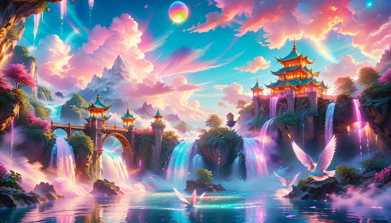 A Masterpiece In 32K Resolution: Supreme Quality, Super Detail, Official Art, Very High-Resolution 32K Wallpaper, Beautiful And Aesthetic, Ultra-Detailed Features, Awe-Inspiring Detail. Enchanted Scenes Of A Majestic Romantic Fantasy Realm. Imagine A Breathtaking World Of Romantic Fantasy, Where Intricate Floating Islands Drift Amid Fluffy Clouds. Waterfalls Cascade Gracefully From These Islands, Creating A Mesmerizing Spectacle Within A Vibrant, Surreal Atmosphere. The Environment Radiates Wonder And Tranquility, Infused With A Harmonious Blend Of Soft Pinks And Vibrant Jewel Tones. This Scene Will Be Illustrated In An Anime Style, Featuring Soft Lines And Pastel Colors Accented With Whimsical Touches. Each Building Is Exquisitely Detailed And Elegant, Capturing The Ethereal Beauty And Serenity Of A Dreamlike Realm. The Artwork Will Evoke A Sense Of Escape From The Ordinary, Showcasing Glimmering Cyan Waters And A Colorful Watercolor Sky. Add Glowing Elements And A Multitude Of Enchanting Fantasy Details, Including Iridescent Features, Beautifully Crafted Landscapes, And Sparkling Accents. The Overall Effect Should Resonate With A Captivating Fantasy Art Style, Rich In Vibrant Colors And Blurred, Surreal Details That Transport Viewers To This Magical Realm.