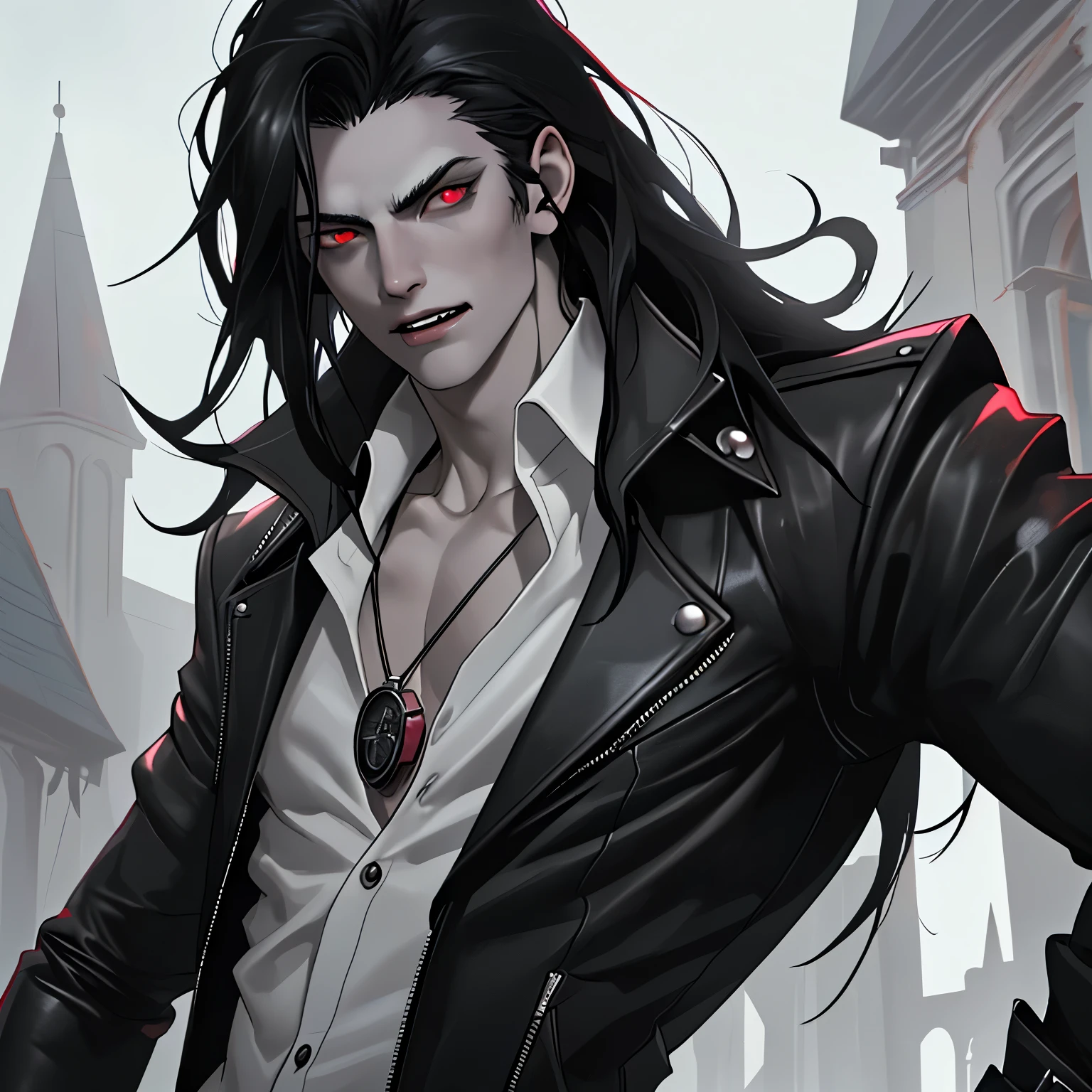 Um vampiro, homem alto, forte, pale skinned, olhos verdes, presas de vampiro, usando roupas antigas, cabelo preto, corpo inteiro
