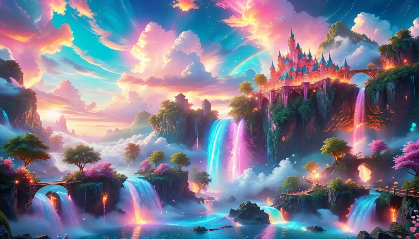 A Masterpiece In 32K Resolution: Supreme Quality, Super Detail, Official Art, Very High-Resolution 32K Wallpaper, Beautiful And Aesthetic, Ultra-Detailed Features, Awe-Inspiring Detail. Enchanted Scenes Of A Majestic Romantic Fantasy Realm. Imagine A Breathtaking World Of Romantic Fantasy, Where Intricate Floating Islands Drift Amid Fluffy Clouds. Waterfalls Cascade Gracefully From These Islands, Creating A Mesmerizing Spectacle Within A Vibrant, Surreal Atmosphere. The Environment Radiates Wonder And Tranquility, Infused With A Harmonious Blend Of Soft Pinks And Vibrant Jewel Tones. This Scene Will Be Illustrated In An Anime Style, Featuring Soft Lines And Pastel Colors Accented With Whimsical Touches. Each Building Is Exquisitely Detailed And Elegant, Capturing The Ethereal Beauty And Serenity Of A Dreamlike Realm. The Artwork Will Evoke A Sense Of Escape From The Ordinary, Showcasing Glimmering Cyan Waters And A Colorful Watercolor Sky. Add Glowing Elements And A Multitude Of Enchanting Fantasy Details, Including Iridescent Features, Beautifully Crafted Landscapes, And Sparkling Accents. The Overall Effect Should Resonate With A Captivating Fantasy Art Style, Rich In Vibrant Colors And Blurred, Surreal Details That Transport Viewers To This Magical Realm.