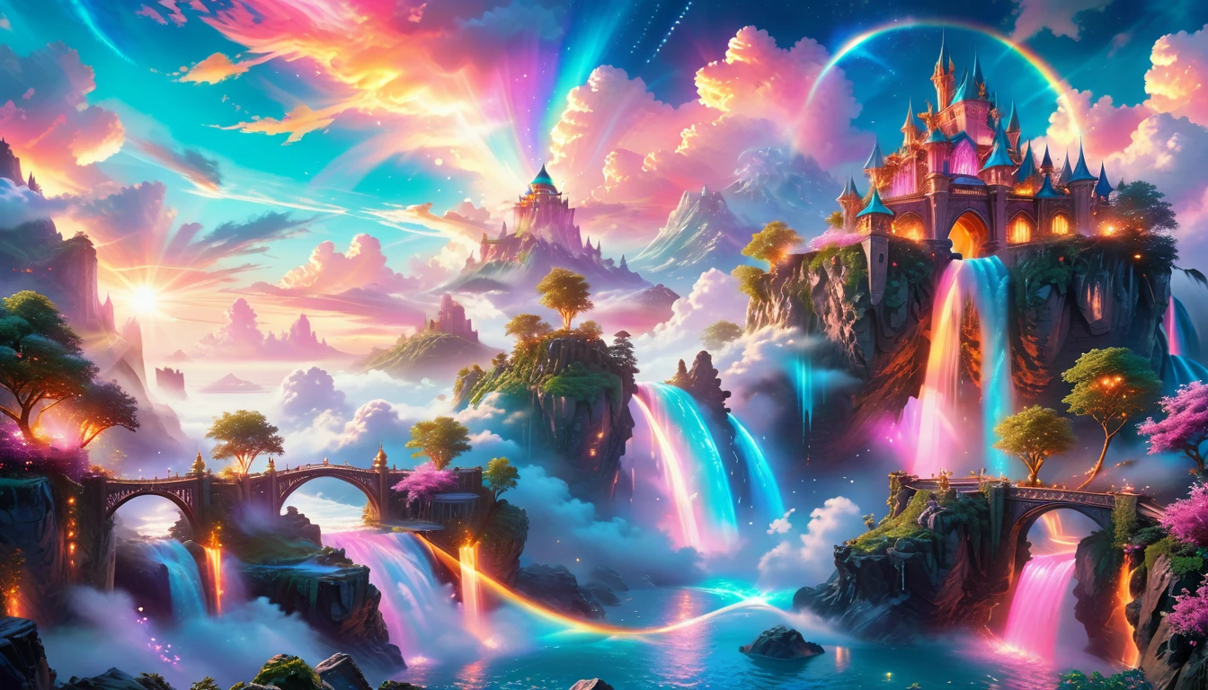 A Masterpiece In 32K Resolution: Supreme Quality, Super Detail, Official Art, Very High-Resolution 32K Wallpaper, Beautiful And Aesthetic, Ultra-Detailed Features, Awe-Inspiring Detail. Enchanted Scenes Of A Majestic Romantic Fantasy Realm. Imagine A Breathtaking World Of Romantic Fantasy, Where Intricate Floating Islands Drift Amid Fluffy Clouds. Waterfalls Cascade Gracefully From These Islands, Creating A Mesmerizing Spectacle Within A Vibrant, Surreal Atmosphere. The Environment Radiates Wonder And Tranquility, Infused With A Harmonious Blend Of Soft Pinks And Vibrant Jewel Tones. This Scene Will Be Illustrated In An Anime Style, Featuring Soft Lines And Pastel Colors Accented With Whimsical Touches. Each Building Is Exquisitely Detailed And Elegant, Capturing The Ethereal Beauty And Serenity Of A Dreamlike Realm. The Artwork Will Evoke A Sense Of Escape From The Ordinary, Showcasing Glimmering Cyan Waters And A Colorful Watercolor Sky. Add Glowing Elements And A Multitude Of Enchanting Fantasy Details, Including Iridescent Features, Beautifully Crafted Landscapes, And Sparkling Accents. The Overall Effect Should Resonate With A Captivating Fantasy Art Style, Rich In Vibrant Colors And Blurred, Surreal Details That Transport Viewers To This Magical Realm.