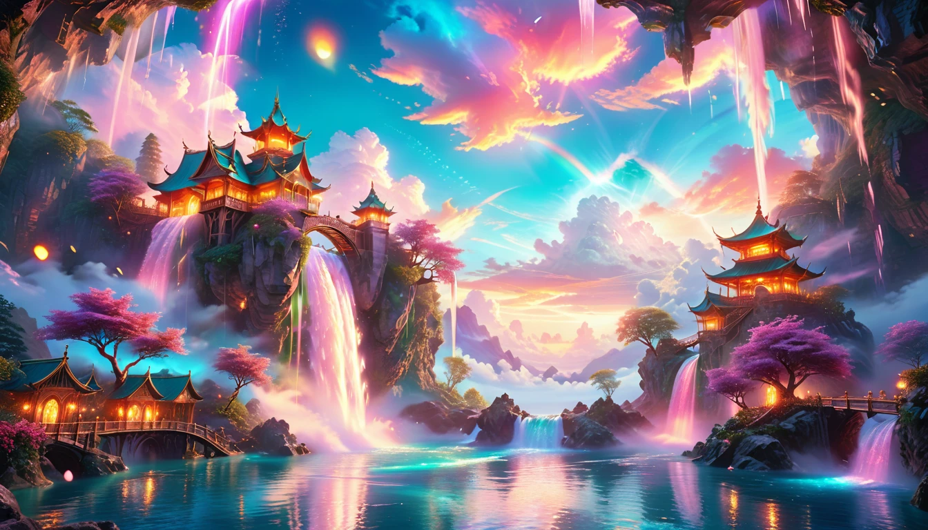 A Masterpiece In 32K Resolution: Supreme Quality, Super Detail, Official Art, Very High-Resolution 32K Wallpaper, Beautiful And Aesthetic, Ultra-Detailed Features, Awe-Inspiring Detail. Enchanted Scenes Of A Majestic Romantic Fantasy Realm. Imagine A Breathtaking World Of Romantic Fantasy, Where Intricate Floating Islands Drift Amid Fluffy Clouds. Waterfalls Cascade Gracefully From These Islands, Creating A Mesmerizing Spectacle Within A Vibrant, Surreal Atmosphere. The Environment Radiates Wonder And Tranquility, Infused With A Harmonious Blend Of Soft Pinks And Vibrant Jewel Tones. This Scene Will Be Illustrated In An Anime Style, Featuring Soft Lines And Pastel Colors Accented With Whimsical Touches. Each Building Is Exquisitely Detailed And Elegant, Capturing The Ethereal Beauty And Serenity Of A Dreamlike Realm. The Artwork Will Evoke A Sense Of Escape From The Ordinary, Showcasing Glimmering Cyan Waters And A Colorful Watercolor Sky. Add Glowing Elements And A Multitude Of Enchanting Fantasy Details, Including Iridescent Features, Beautifully Crafted Landscapes, And Sparkling Accents. The Overall Effect Should Resonate With A Captivating Fantasy Art Style, Rich In Vibrant Colors And Blurred, Surreal Details That Transport Viewers To This Magical Realm.