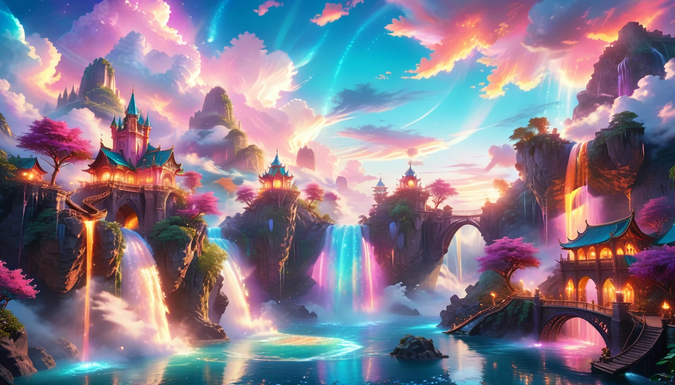 A Masterpiece In 32K Resolution: Supreme Quality, Super Detail, Official Art, Very High-Resolution 32K Wallpaper, Beautiful And Aesthetic, Ultra-Detailed Features, Awe-Inspiring Detail. Enchanted Scenes Of A Majestic Romantic Fantasy Realm. Imagine A Breathtaking World Of Romantic Fantasy, Where Intricate Floating Islands Drift Amid Fluffy Clouds. Waterfalls Cascade Gracefully From These Islands, Creating A Mesmerizing Spectacle Within A Vibrant, Surreal Atmosphere. The Environment Radiates Wonder And Tranquility, Infused With A Harmonious Blend Of Soft Pinks And Vibrant Jewel Tones. This Scene Will Be Illustrated In An Anime Style, Featuring Soft Lines And Pastel Colors Accented With Whimsical Touches. Each Building Is Exquisitely Detailed And Elegant, Capturing The Ethereal Beauty And Serenity Of A Dreamlike Realm. The Artwork Will Evoke A Sense Of Escape From The Ordinary, Showcasing Glimmering Cyan Waters And A Colorful Watercolor Sky. Add Glowing Elements And A Multitude Of Enchanting Fantasy Details, Including Iridescent Features, Beautifully Crafted Landscapes, And Sparkling Accents. The Overall Effect Should Resonate With A Captivating Fantasy Art Style, Rich In Vibrant Colors And Blurred, Surreal Details That Transport Viewers To This Magical Realm.