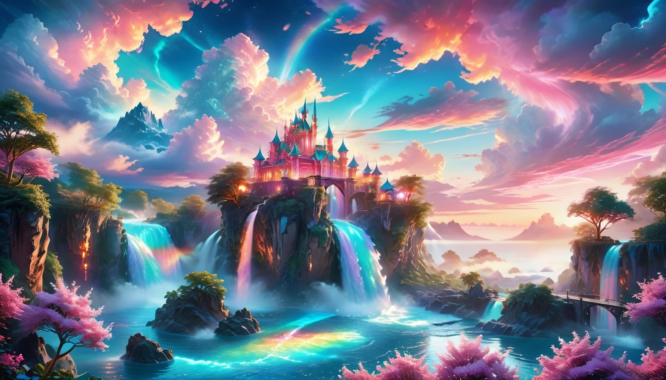 A Masterpiece In 32K Resolution: Supreme Quality, Super Detail, Official Art, Very High-Resolution 32K Wallpaper, Beautiful And Aesthetic, Ultra-Detailed Features, Awe-Inspiring Detail. Enchanted Scenes Of A Majestic Romantic Fantasy Realm. Imagine A Breathtaking World Of Romantic Fantasy, Where Intricate Floating Islands Drift Amid Fluffy Clouds. Waterfalls Cascade Gracefully From These Islands, Creating A Mesmerizing Spectacle Within A Vibrant, Surreal Atmosphere. The Environment Radiates Wonder And Tranquility, Infused With A Harmonious Blend Of Soft Pinks And Vibrant Jewel Tones. This Scene Will Be Illustrated In An Anime Style, Featuring Soft Lines And Pastel Colors Accented With Whimsical Touches. Each Building Is Exquisitely Detailed And Elegant, Capturing The Ethereal Beauty And Serenity Of A Dreamlike Realm. The Artwork Will Evoke A Sense Of Escape From The Ordinary, Showcasing Glimmering Cyan Waters And A Colorful Watercolor Sky. Add Glowing Elements And A Multitude Of Enchanting Fantasy Details, Including Iridescent Features, Beautifully Crafted Landscapes, And Sparkling Accents. The Overall Effect Should Resonate With A Captivating Fantasy Art Style, Rich In Vibrant Colors And Blurred, Surreal Details That Transport Viewers To This Magical Realm.