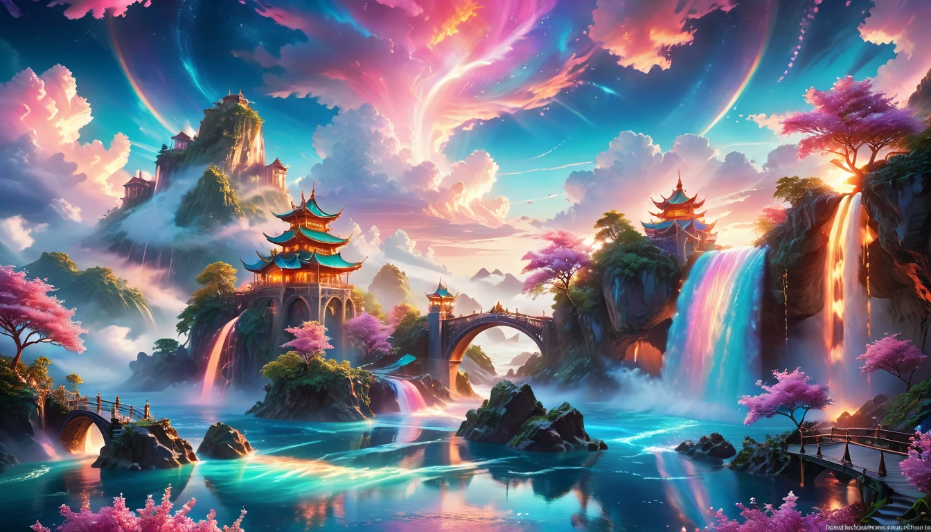 A Masterpiece In 32K Resolution: Supreme Quality, Super Detail, Official Art, Very High-Resolution 32K Wallpaper, Beautiful And Aesthetic, Ultra-Detailed Features, Awe-Inspiring Detail. Enchanted Scenes Of A Majestic Romantic Fantasy Realm. Imagine A Breathtaking World Of Romantic Fantasy, Where Intricate Floating Islands Drift Amid Fluffy Clouds. Waterfalls Cascade Gracefully From These Islands, Creating A Mesmerizing Spectacle Within A Vibrant, Surreal Atmosphere. The Environment Radiates Wonder And Tranquility, Infused With A Harmonious Blend Of Soft Pinks And Vibrant Jewel Tones. This Scene Will Be Illustrated In An Anime Style, Featuring Soft Lines And Pastel Colors Accented With Whimsical Touches. Each Building Is Exquisitely Detailed And Elegant, Capturing The Ethereal Beauty And Serenity Of A Dreamlike Realm. The Artwork Will Evoke A Sense Of Escape From The Ordinary, Showcasing Glimmering Cyan Waters And A Colorful Watercolor Sky. Add Glowing Elements And A Multitude Of Enchanting Fantasy Details, Including Iridescent Features, Beautifully Crafted Landscapes, And Sparkling Accents. The Overall Effect Should Resonate With A Captivating Fantasy Art Style, Rich In Vibrant Colors And Blurred, Surreal Details That Transport Viewers To This Magical Realm.