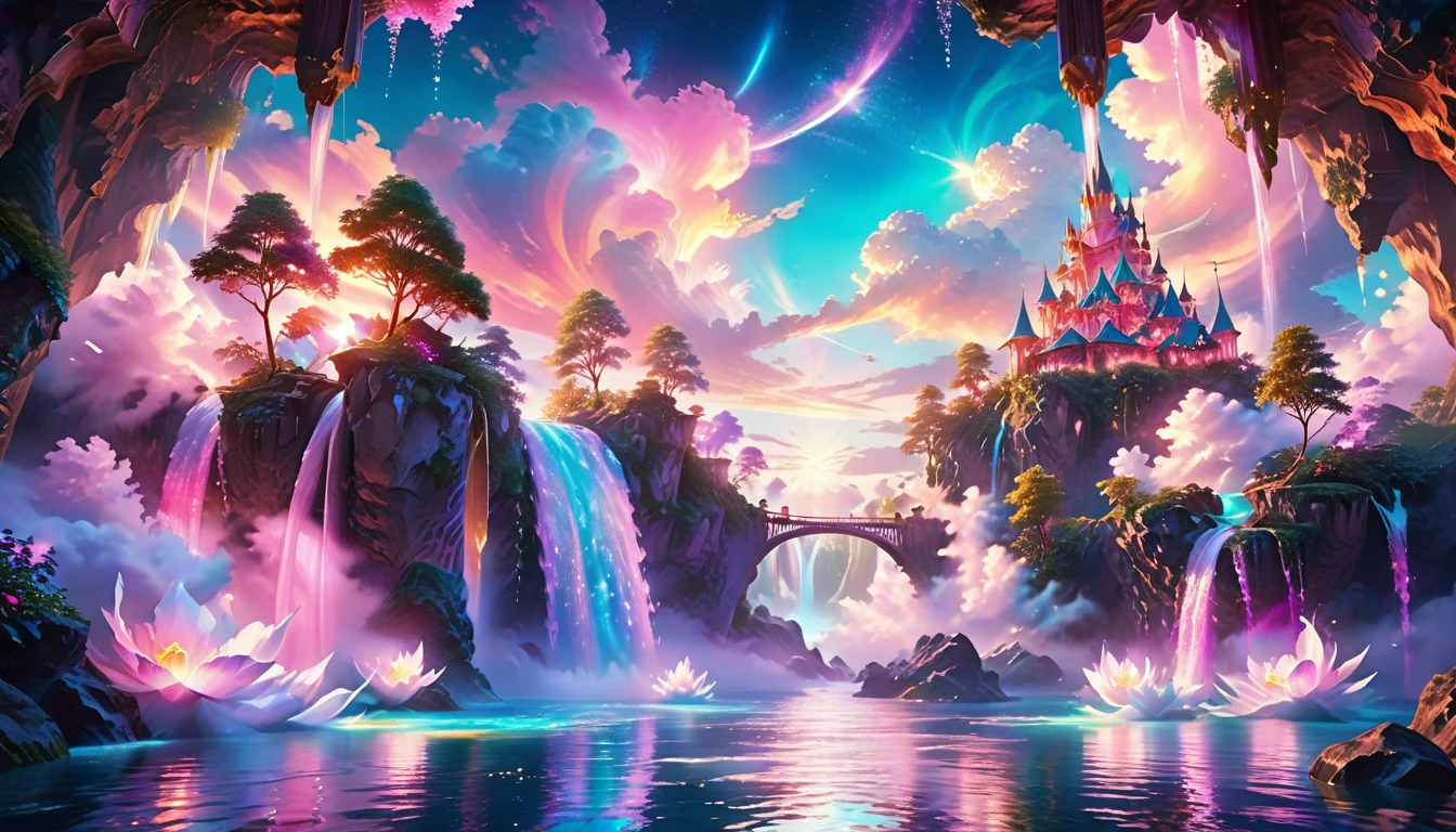 A Masterpiece In 32K Resolution: Supreme Quality, Super Detail, Official Art, Very High-Resolution 32K Wallpaper, Beautiful And Aesthetic, Ultra-Detailed Features, Awe-Inspiring Detail. Enchanted Scenes Of A Majestic Romantic Fantasy Realm. Imagine A Breathtaking World Of Romantic Fantasy, Where Intricate Floating Islands Drift Amid Fluffy Clouds. Waterfalls Cascade Gracefully From These Islands, Creating A Mesmerizing Spectacle Within A Vibrant, Surreal Atmosphere. The Environment Radiates Wonder And Tranquility, Infused With A Harmonious Blend Of Soft Pinks And Vibrant Jewel Tones. This Scene Will Be Illustrated In An Anime Style, Featuring Soft Lines And Pastel Colors Accented With Whimsical Touches. Each Building Is Exquisitely Detailed And Elegant, Capturing The Ethereal Beauty And Serenity Of A Dreamlike Realm. The Artwork Will Evoke A Sense Of Escape From The Ordinary, Showcasing Glimmering Cyan Waters And A Colorful Watercolor Sky. Add Glowing Elements And A Multitude Of Enchanting Fantasy Details, Including Iridescent Features, Beautifully Crafted Landscapes, And Sparkling Accents. The Overall Effect Should Resonate With A Captivating Fantasy Art Style, Rich In Vibrant Colors And Blurred, Surreal Details That Transport Viewers To This Magical Realm.