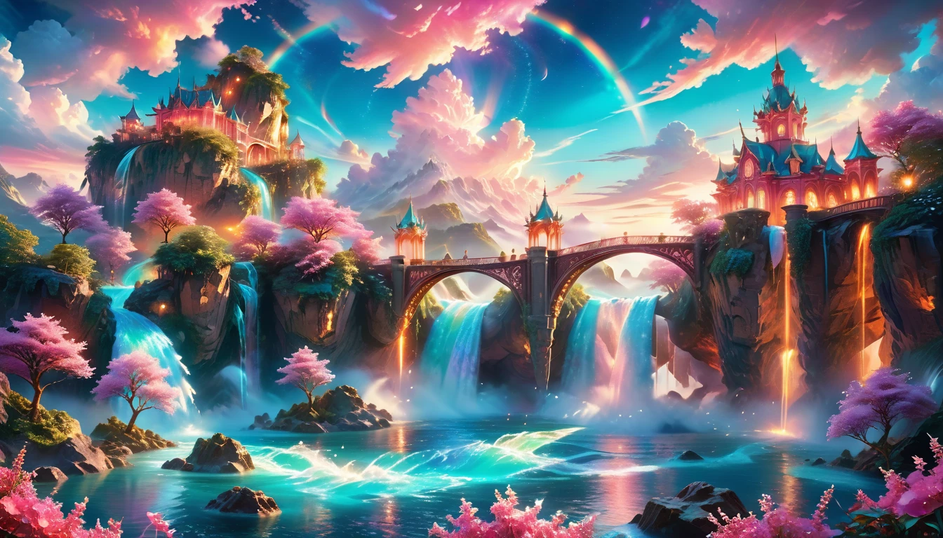 A Masterpiece In 32K Resolution: Supreme Quality, Super Detail, Official Art, Very High-Resolution 32K Wallpaper, Beautiful And Aesthetic, Ultra-Detailed Features, Awe-Inspiring Detail. Enchanted Scenes Of A Majestic Romantic Fantasy Realm. Imagine A Breathtaking World Of Romantic Fantasy, Where Intricate Floating Islands Drift Amid Fluffy Clouds. Waterfalls Cascade Gracefully From These Islands, Creating A Mesmerizing Spectacle Within A Vibrant, Surreal Atmosphere. The Environment Radiates Wonder And Tranquility, Infused With A Harmonious Blend Of Soft Pinks And Vibrant Jewel Tones. This Scene Will Be Illustrated In An Anime Style, Featuring Soft Lines And Pastel Colors Accented With Whimsical Touches. Each Building Is Exquisitely Detailed And Elegant, Capturing The Ethereal Beauty And Serenity Of A Dreamlike Realm. The Artwork Will Evoke A Sense Of Escape From The Ordinary, Showcasing Glimmering Cyan Waters And A Colorful Watercolor Sky. Add Glowing Elements And A Multitude Of Enchanting Fantasy Details, Including Iridescent Features, Beautifully Crafted Landscapes, And Sparkling Accents. The Overall Effect Should Resonate With A Captivating Fantasy Art Style, Rich In Vibrant Colors And Blurred, Surreal Details That Transport Viewers To This Magical Realm.