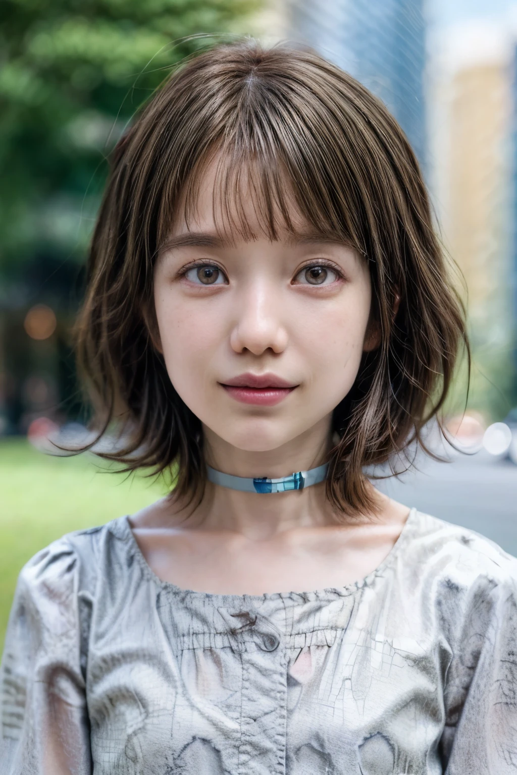 (realistic, photo-realistic, best quality, masterpiece), portrait, face focus, solo, 1girl, a 33yo Japanese female announcer, (cami top:1.2), skinny, slim body, thin legs, collarbone, choker, jewelry, (flat chest:1.2), dark hair, pixie cut, swept bangs, pale skin, cute and child-like face, (detailed face, detailed eyes, sophisticated nose, big smile), photo background, outdoors, large park, nature, concrete, blue sky and clouds, 