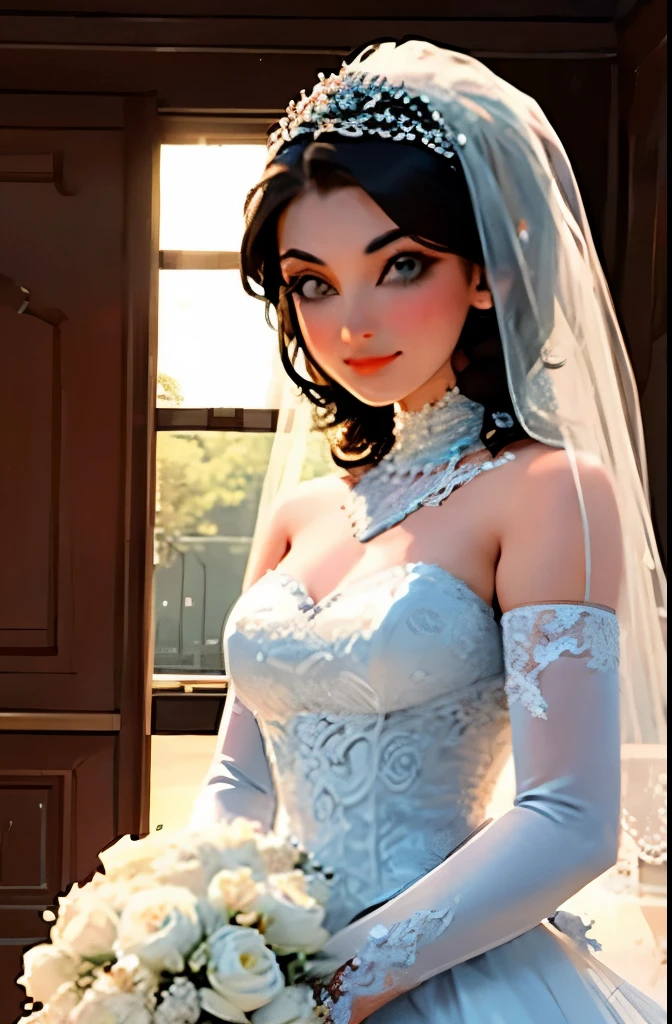 (bright lighting,romantic setting),bride captured, dreamy background,bondage,dark hair, mesmerizing gaze, , soft skin, alluring beauty, artistic portrait, high-quality image, vibrant colors, long silk gown, in the bed,tape bondage,tape gag, mosquito net, bridal,pov
