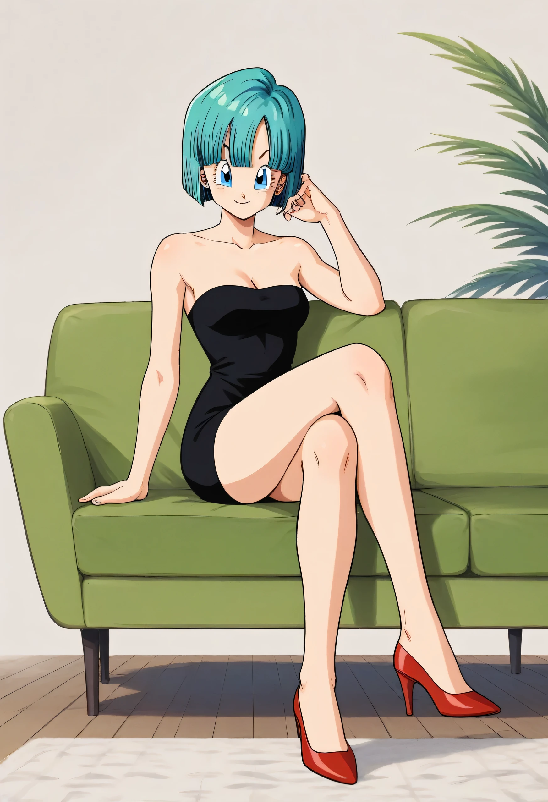 Bulma, Short hair, pelo aguamarina, bob cut. Blue eyes, bare shoulders, strapless, medium breast, a strapless black tube dress, cleavage, sitting on a sofa, full body, bare legs with red heels, crossed legs, smile, looking at viewers