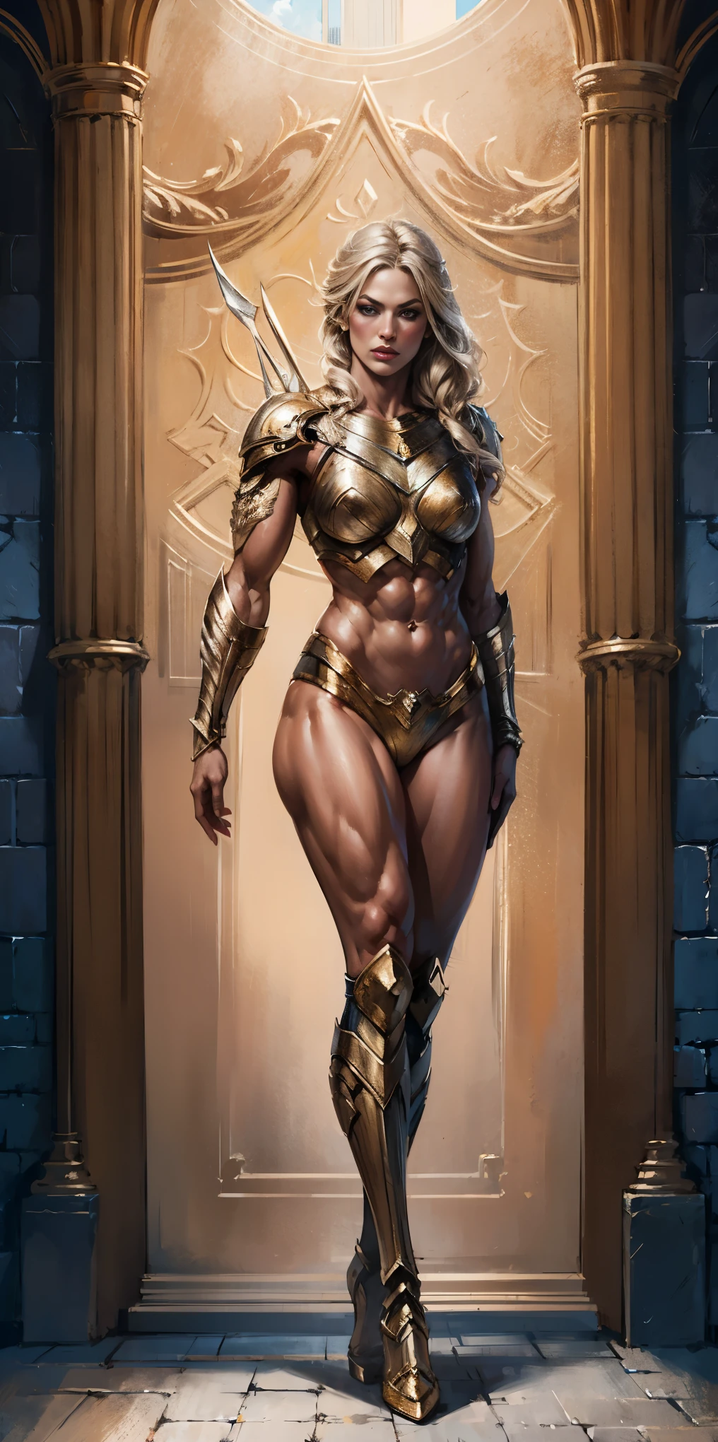 Subject: Valkyrie Lady Knight
Style: Hyper realistic, epic fantasy digital art
Detail: 8k high definition resolution, detailed drawing, superior quality
Anatomy: Correct anatomy, muscular body
Pose: Full body standing, symmetrical, muscular arms turned behind body
Origin: Asgard
Additional: 1 girl