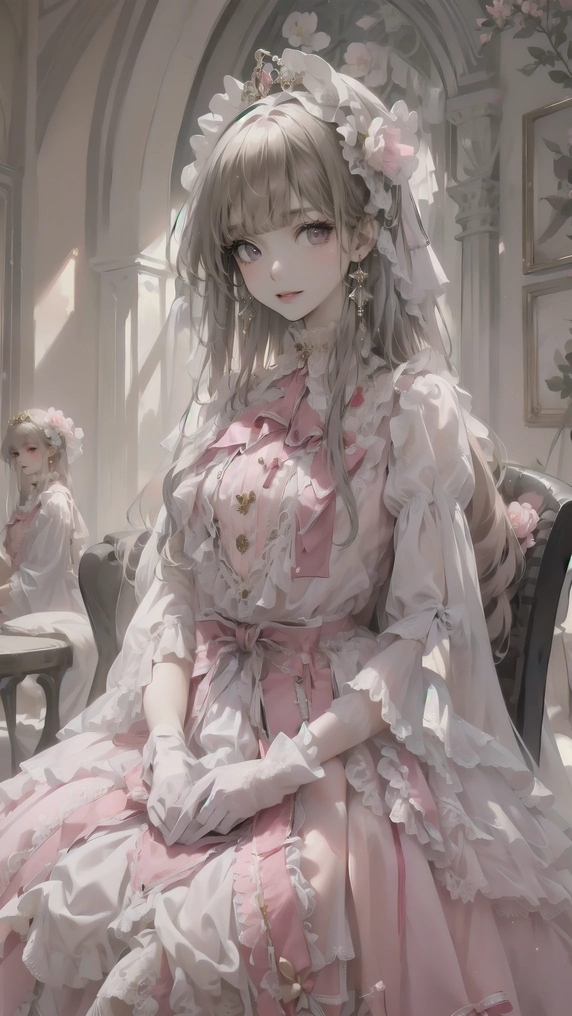 masterpiece, Best Quality, (Focus Only), (Perfect Face:1.1), (whole body), (high detail:1.1), (Ultra-detailed eyes),(8k, Best Quality, masterpiece: 1.2), Ultra-high resolution,,Marie Antoinette,Ultra-detailed face,Fine grain,Open your mouth a little,(Blonde),Long Hair,Wavy Hair, break,Rococo Ruffle Dress,Long sleeve dress,The dress includes an extra long skirt,Baroque Dress, Intricate fantasy dress, glamorous ruffled dresses, Romantic Dress, Ruffled Costume,Raffle, Data Style, Formal Wear, Fancy Fashion, palate colors include pink and white,(pink:1.5),Class A Smile,Gold Tiara, necklace,Sit in a luxurious chair,Hands on knees,(Rainbow light:1.4),The rosebush is reflected in the window,(Inside Victoria Palace)、Her eyes sparkle、Now her blonde hair reaches down to her waist、Rose-colored gradation and three, Pale pink rock. She wore a gold tiara with floral embellishment.、Matching earrings, White flower choker. She is wearing a ruffled, white-striped pink top edged with gold buttons., The white sleeves are shaped like flower buds.. A magenta ribbon runs along her chest.、Tied behind the neck、Matching chest piece, Decorated with flowers. Her frilly skirt is divided by a white lining, Fastened with a large magenta ribbon、Decorated with gold, There is a small ribbon on the back. Her miniskirt is、Made with a pale pink magenta shell lining and a white floral petticoat. She also wears white gloves with pink flowers., For white and light pink shoes、It has loose cuffs and a magenta ribbon decorated with flowers..