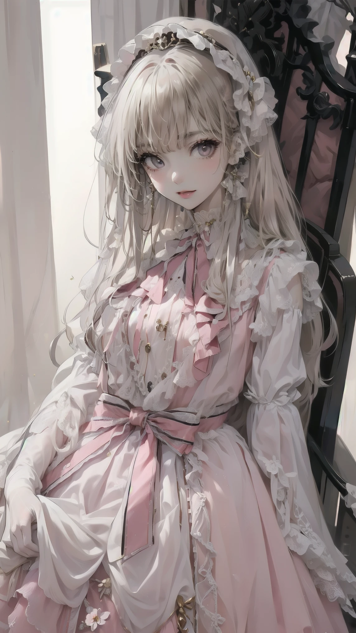 masterpiece, Best Quality, (Focus Only), (Perfect Face:1.1), (whole body), (high detail:1.1), (Ultra-detailed eyes),(8k, Best Quality, masterpiece: 1.2), Ultra-high resolution,,Marie Antoinette,Ultra-detailed face,Fine grain,Open your mouth a little,(Blonde),Long Hair,Wavy Hair, break,Rococo Ruffle Dress,Long sleeve dress,The dress includes an extra long skirt,Baroque Dress, Intricate fantasy dress, glamorous ruffled dresses, Romantic Dress, Ruffled Costume,Raffle, Data Style, Formal Wear, Fancy Fashion, palate colors include pink and white,(pink:1.5),Class A Smile,Gold Tiara, necklace,Sit in a luxurious chair,Hands on knees,(Rainbow light:1.4),The rosebush is reflected in the window,(Inside Victoria Palace)、Her eyes sparkle、Now her blonde hair reaches down to her waist、Rose-colored gradation and three, Pale pink rock. She wore a gold tiara with floral embellishment.、Matching earrings, White flower choker. She is wearing a ruffled, white-striped pink top edged with gold buttons., The white sleeves are shaped like flower buds.. A magenta ribbon runs along her chest.、Tied behind the neck、Matching chest piece, Decorated with flowers. Her frilly skirt is divided by a white lining, Fastened with a large magenta ribbon、Decorated with gold, There is a small ribbon on the back. Her miniskirt is、Made with a pale pink magenta shell lining and a white floral petticoat. She also wears white gloves with pink flowers., For white and light pink shoes、It has loose cuffs and a magenta ribbon decorated with flowers..