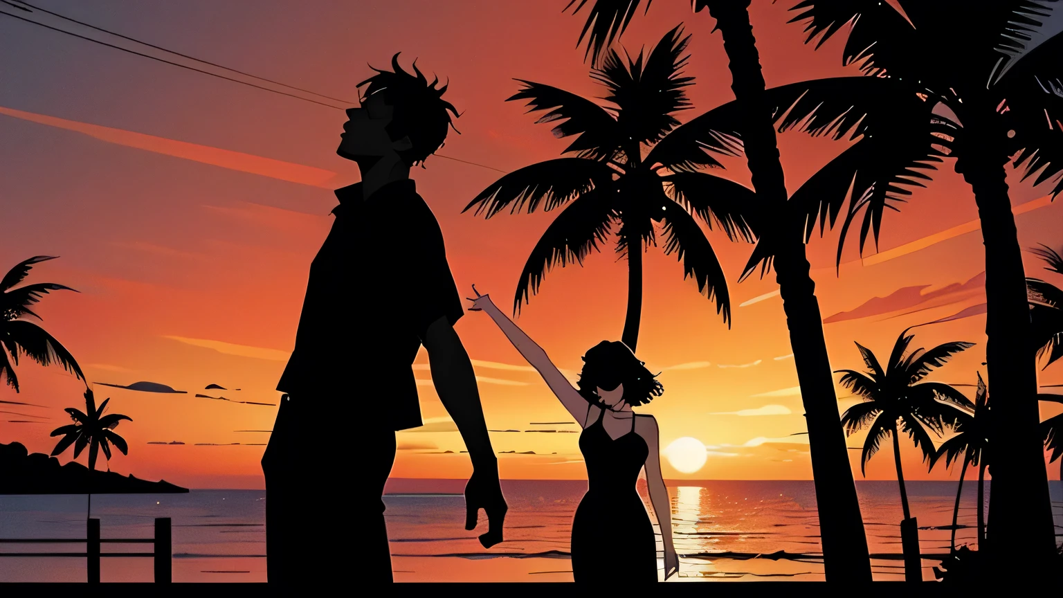 Couple silhouette back to back, holding hands, at beach, looking at the sunset
