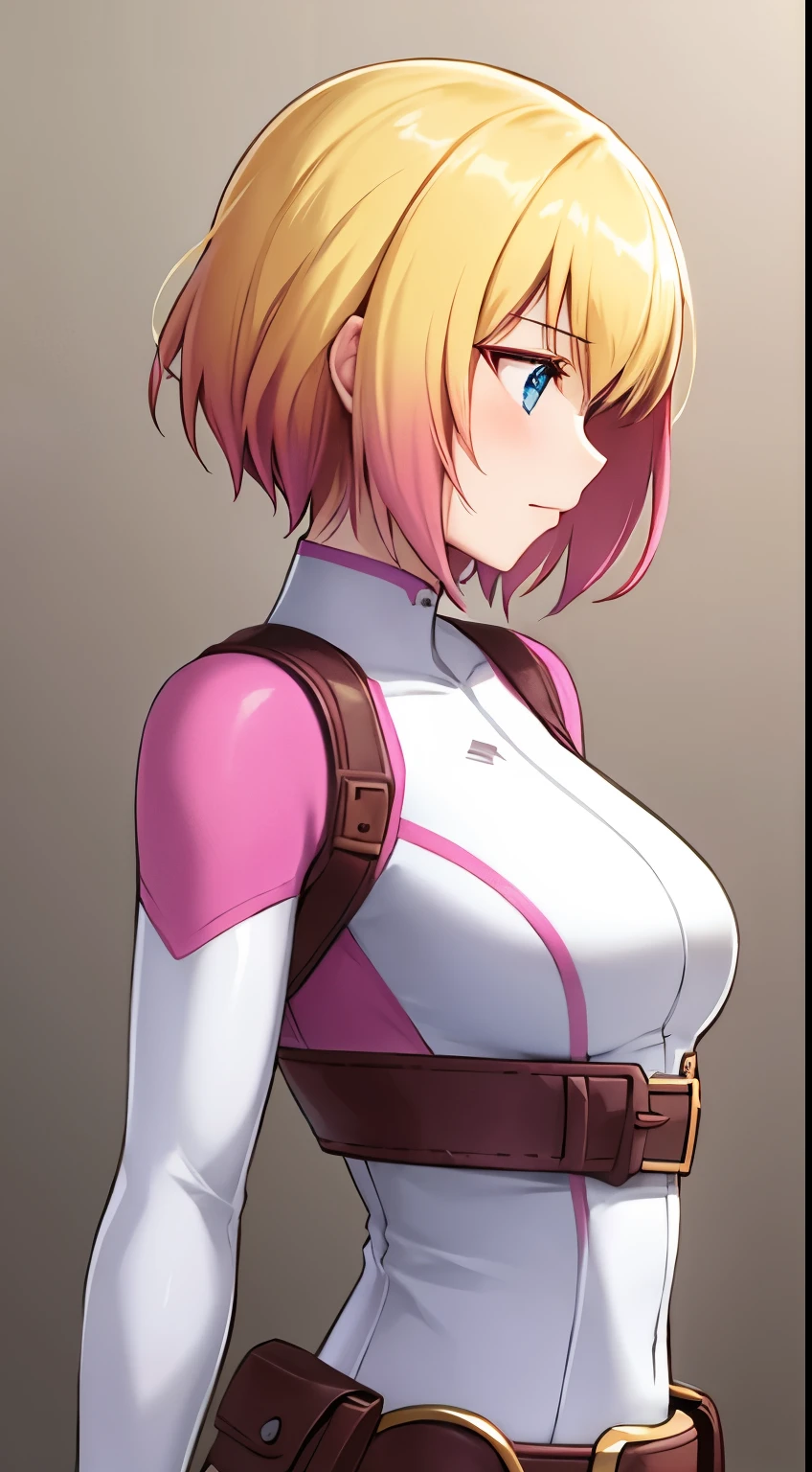 gwenpool, 1girl, blonde hair, multicolored hair, solo, blue eyes, short hair, gradient hair, belt, two-tone hair, pink hair, breasts, side profile view, side view, relaxed arms, defined body