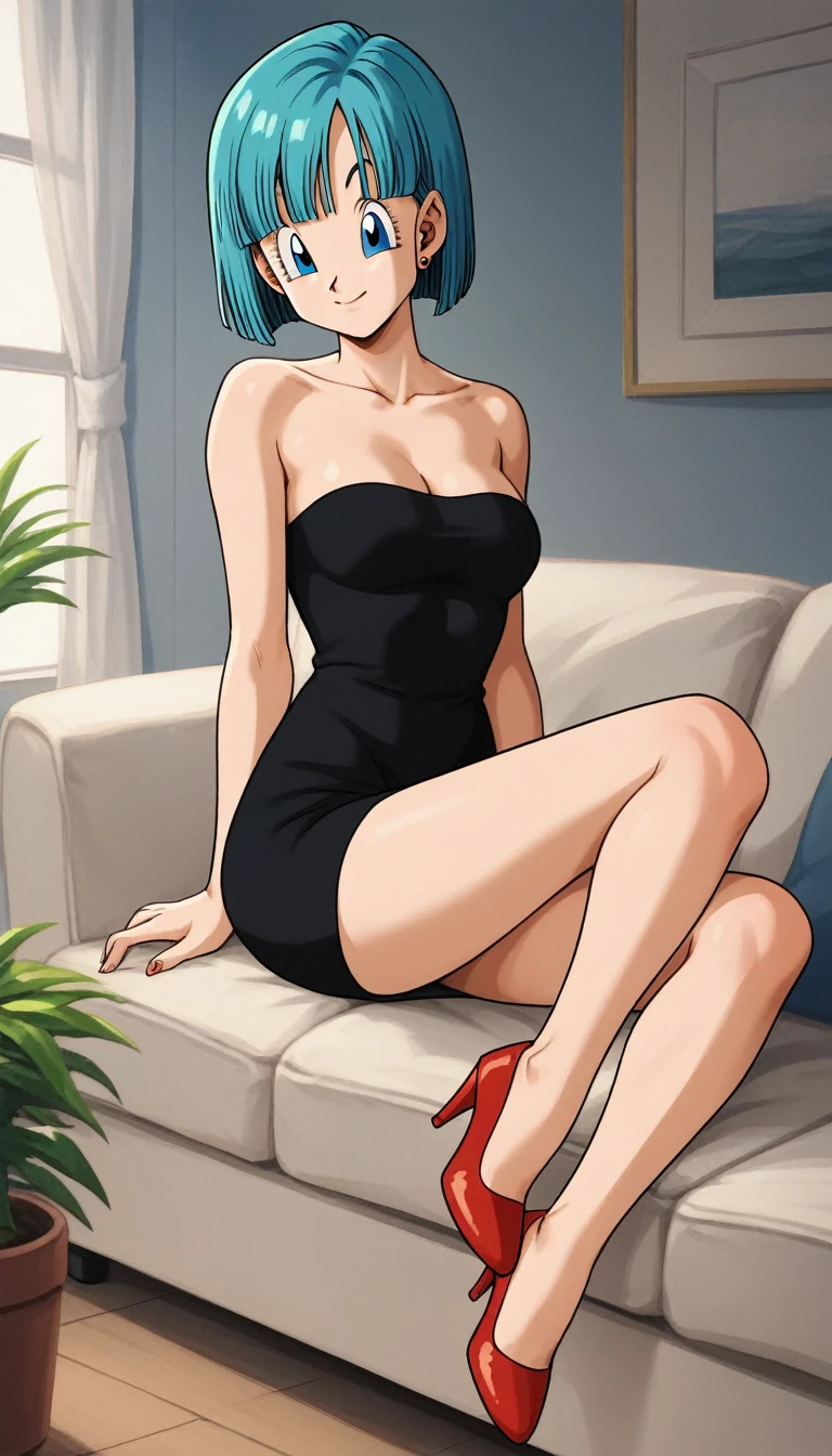 Bulma, Short hair, pelo aguamarina, bob cut. Blue eyes, bare shoulders, strapless, medium breast, a strapless black tube dress, cleavage, sitting on a sofa, full body, bare legs with red heels, smile, looking at viewers
