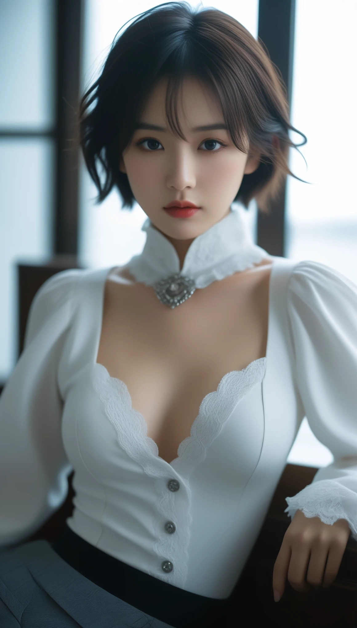 8k, Ultra-high resolution, Best Quality, masterpiece, 三分割法によるphotograph,Surreal, photograph, 1 , (Girl:1.3), cute, cute顔, 細部までBeautiful Eyes, 細かくdetailedに,masterpiece,一人Girl:1.2,Japanese women,female teacher,upper body,glaring,Black Short hair,Curl outward hair,ID photo,future,Brutal Cyberpunk Woman,Luxurious and gorgeous,classroom,Large windows,((Rococo style instructor uniform:1.5)),Overly decorative fashion,Lavish Decoration,(BDSM Mistress),(With collar),(Upper class lady:1.5),Expressions of despair,Dark and atmospheric lighting,Subtle details, detailedな顔,anger,Attractive eyes,(ポートレートphotograph:1.4),(Photorealistic images:1.4),Fantasy art,(Beautiful Face:1.4),美しくAttractive eyes、Beautiful Eyes,Silver Remaining,(Tight waist:1.4)、(Beautiful with perfect body proportions:1.4),Pink Lips,profile,(((Ideal body type))),A cup small bust :2,、Portraiture:2、Perfect Anatomy、鮮明なdetailed、detailed,Thin lips,完璧でBeautiful Face ,完璧でcute顔, Detailed skin, Perfect limbs、Narrow waist,Surreal,Light and Shadow,Fashion magazine cover,spotlight