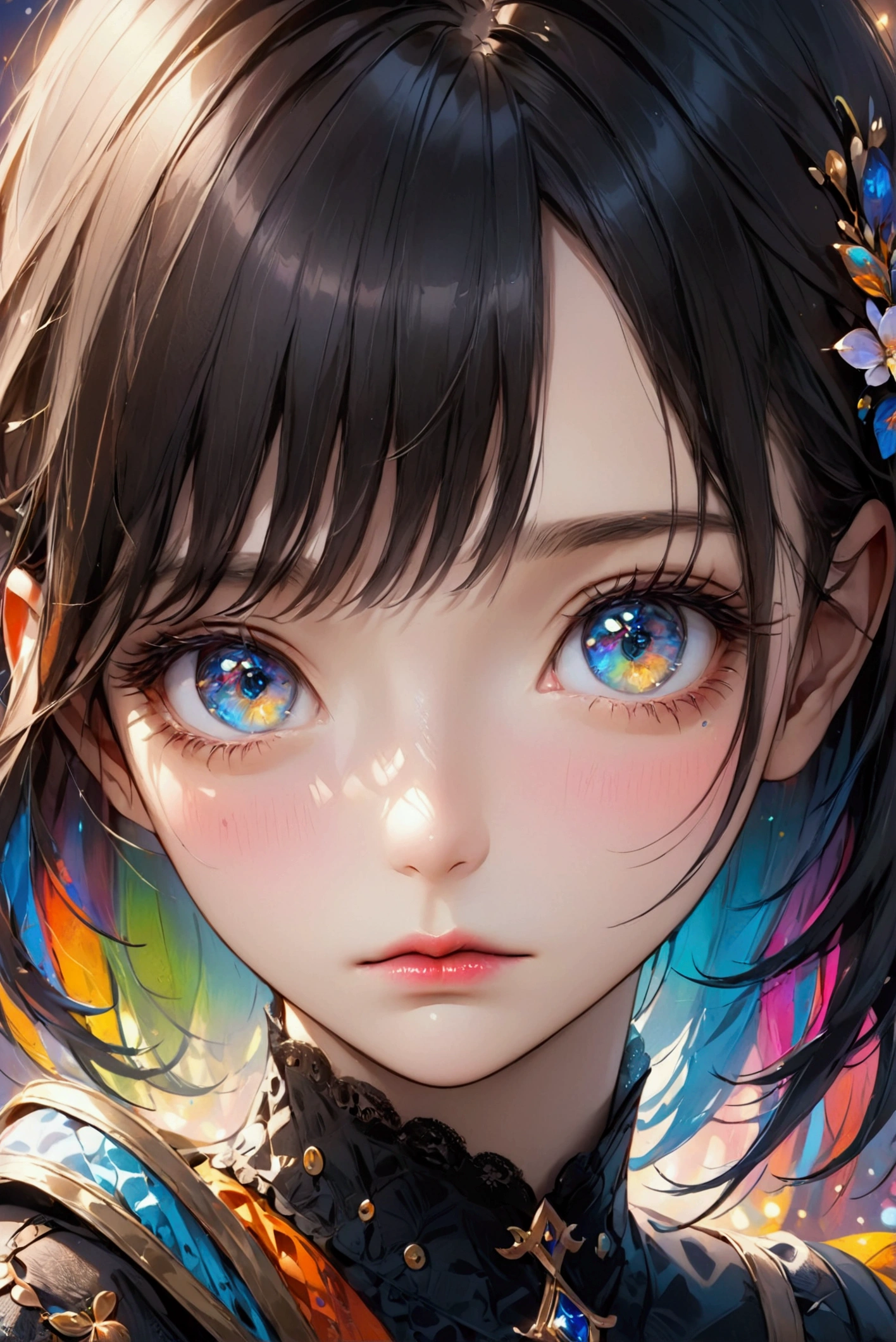 multiple exposure, raw photo:1.2, masterpiece, highest quality, 16k, unbelievably absurd, very detailed, perfect beauty, (photorealistic style), (sheer negligee), beautiful cute girl, jet black bob cut, drooping eyes, professional lighting, vibrant colors, illustration portrait,