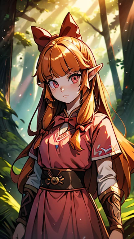 (1girl, Alone, Blossom), (extremely detailed CG unit 8k wallpaper),(master part), (best quality), (ultra detail), (best illustration),(Xuer-Zelda-style), cowboy shot, (Sharp eyeliner, ombre, detailed eyes:1), forest, outdoors background, ,break,  (FanFo), upper body, orange hair, blunt bangs, pink eyes, hair bow, red bow,