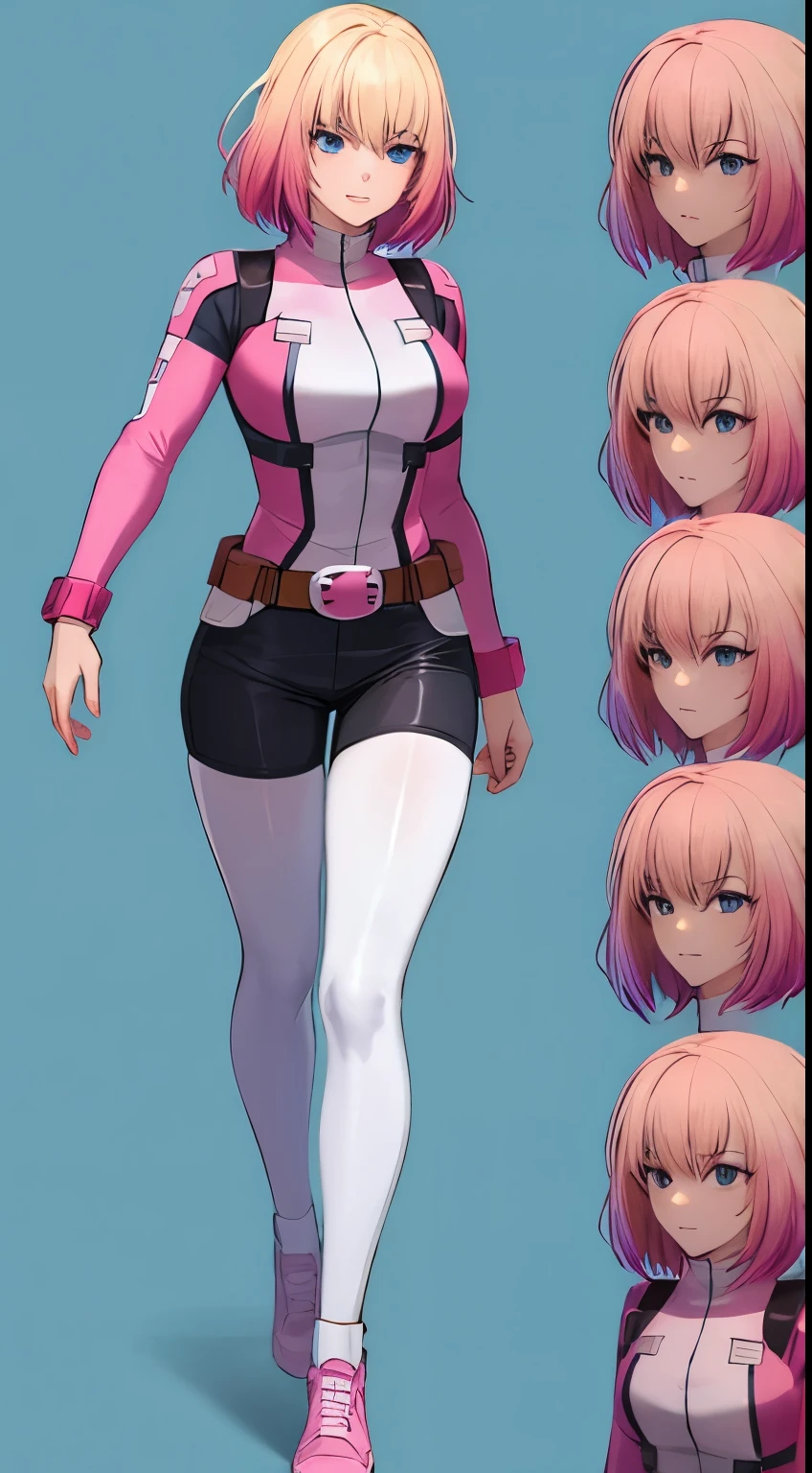 gwenpool, 1girl, blonde hair, multicolored hair, solo, blue eyes, short hair, gradient hair, belt, two-tone hair, pink hair, breasts, side profile view, side view, relaxed arms, defined body, fullbody view, fullbody shot