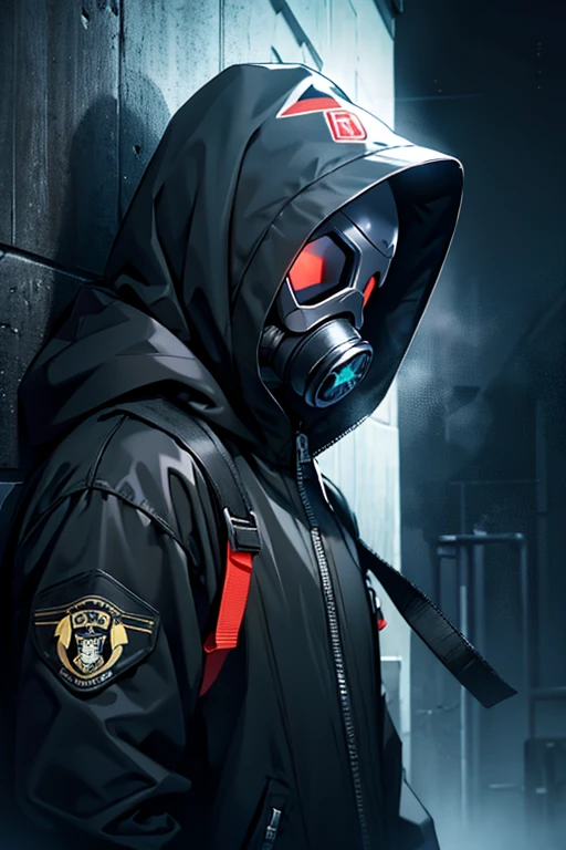 A man with gas mask with neon lights, looking at the viewer, side eye, white hood, gas mask, gas mask orange lights, X-shaped eyes, X-shaped eyes glowing orange, black gloves, white hood, bloodstained clothes, white clothes with blood, white coat, white vest --auto --s2