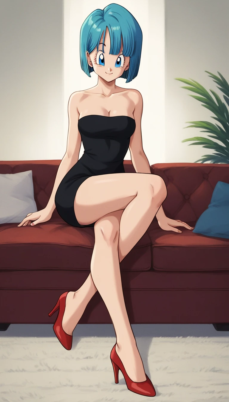 Bulma, Short hair, pelo aguamarina, bob cut. Blue eyes, bare shoulders, strapless, medium breast, a strapless black tube dress, cleavage, sitting on a sofa, full body, bare legs with red heels, smile, looking at viewers