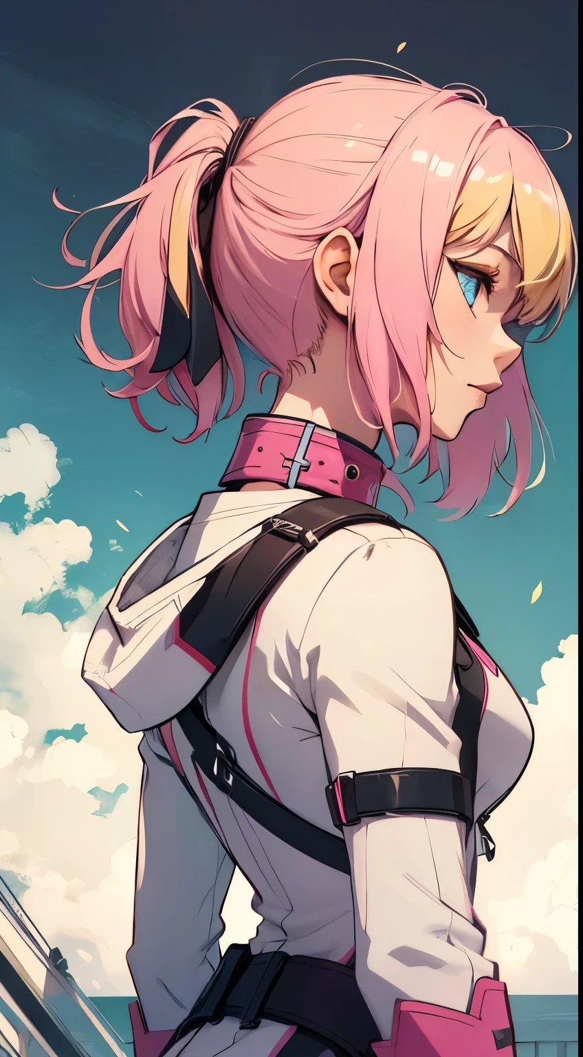 gwenpool, 1girl, blonde hair, multicolored hair, solo, blue eyes, short hair, gradient hair, belt, two-tone hair, pink hair, breasts, side profile view, side view, relaxed arms, defined body, fullbody view, fullbody shot
