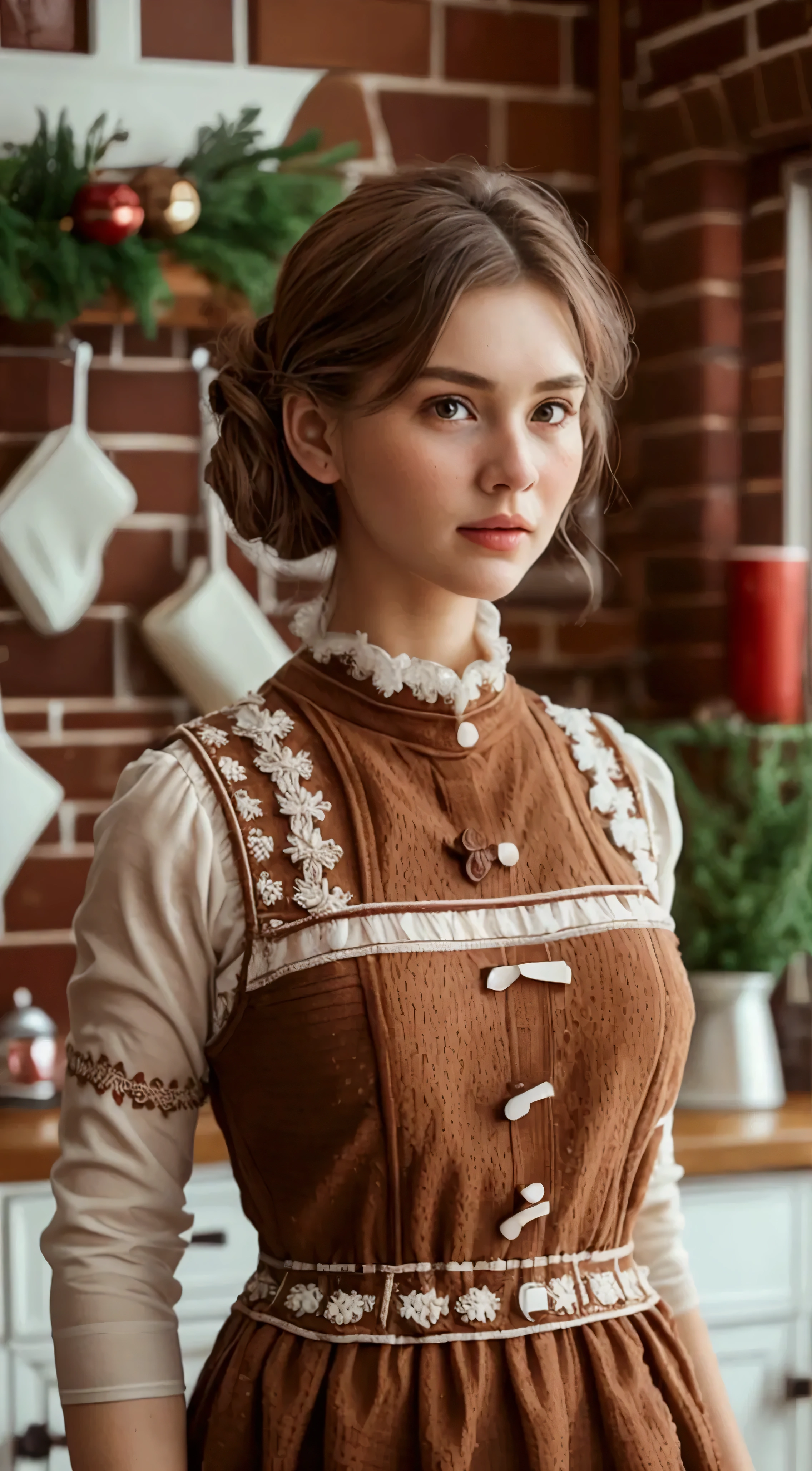 best quality, masterpiece, illustration, realistic, photo-realistic, amazing, finely detail, incredibly absurdres, huge filesize, ultra-detailed, highres, extremely detailed CG unity 8k wallpaper, ray tracing, close-up, upper body, nsfw, A cute woman wearing a gingerbread-colored brown dress made of rough textured material with white frosting trim in a raised relief design and red sprinkles decoration, standing in a cozy brick kitchen.