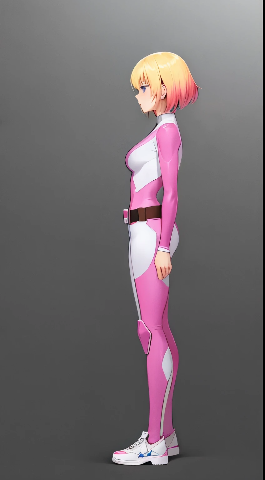 gwenpool, 1girl, blonde hair, multicolored hair, solo, blue eyes, short hair, gradient hair, belt, two-tone hair, pink hair, breasts, side profile view, side view, relaxed arms, defined body, fullbody view, fullbody shot