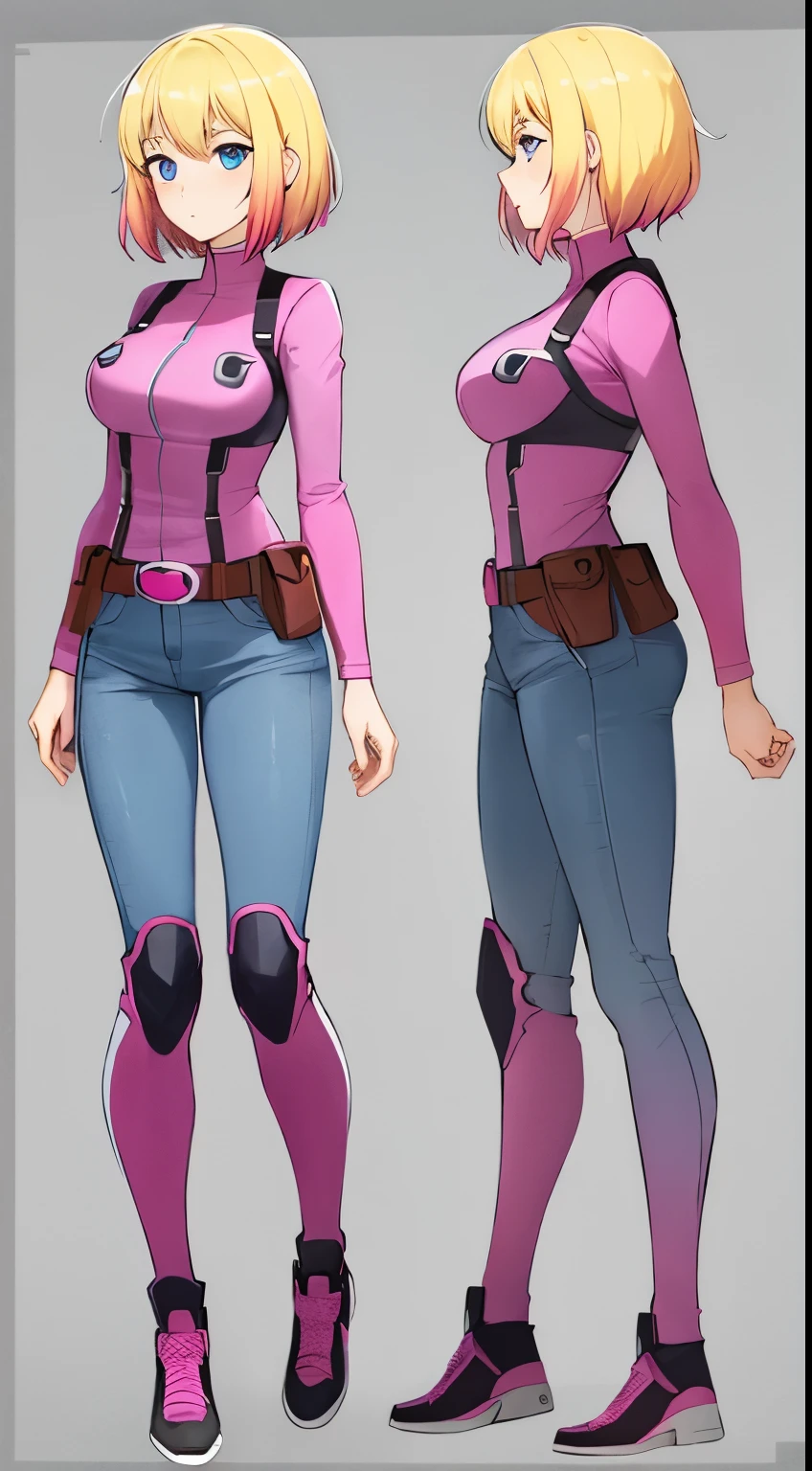 gwenpool, 1girl, blonde hair, multicolored hair, solo, blue eyes, short hair, gradient hair, belt, two-tone hair, pink hair, breasts, side profile view, side view, relaxed arms, defined body, fullbody view, fullbody shot