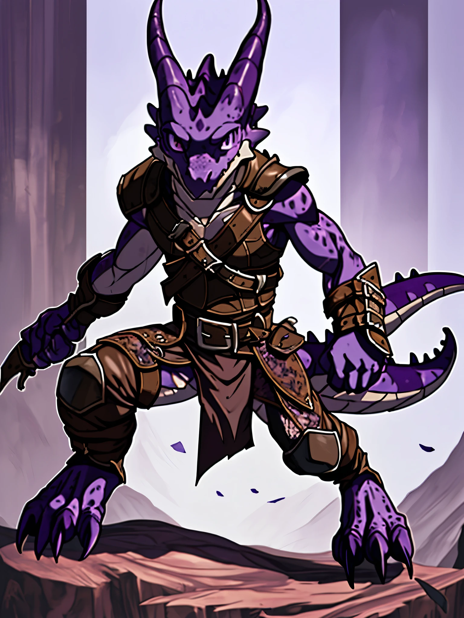 ((masterpiece)), (best quality), (male character), official art, extremely detailed CG, unity 8k wallpaper, ultra-detailed, solo, ((portrait)), ((purple skin color, ))((kobold)), wielding a dagger, leather armor, scar in eye,  (detailed kobold), dynamic pose, solo male,  leather clothes