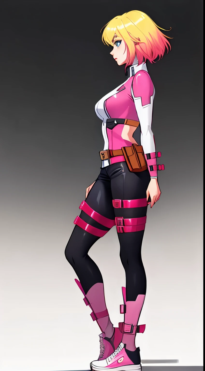 gwenpool, 1girl, blonde hair, multicolored hair, solo, blue eyes, short hair, gradient hair, belt, two-tone hair, pink hair, breasts, side profile view, side view, relaxed arms, defined body, fullbody view, fullbody shot