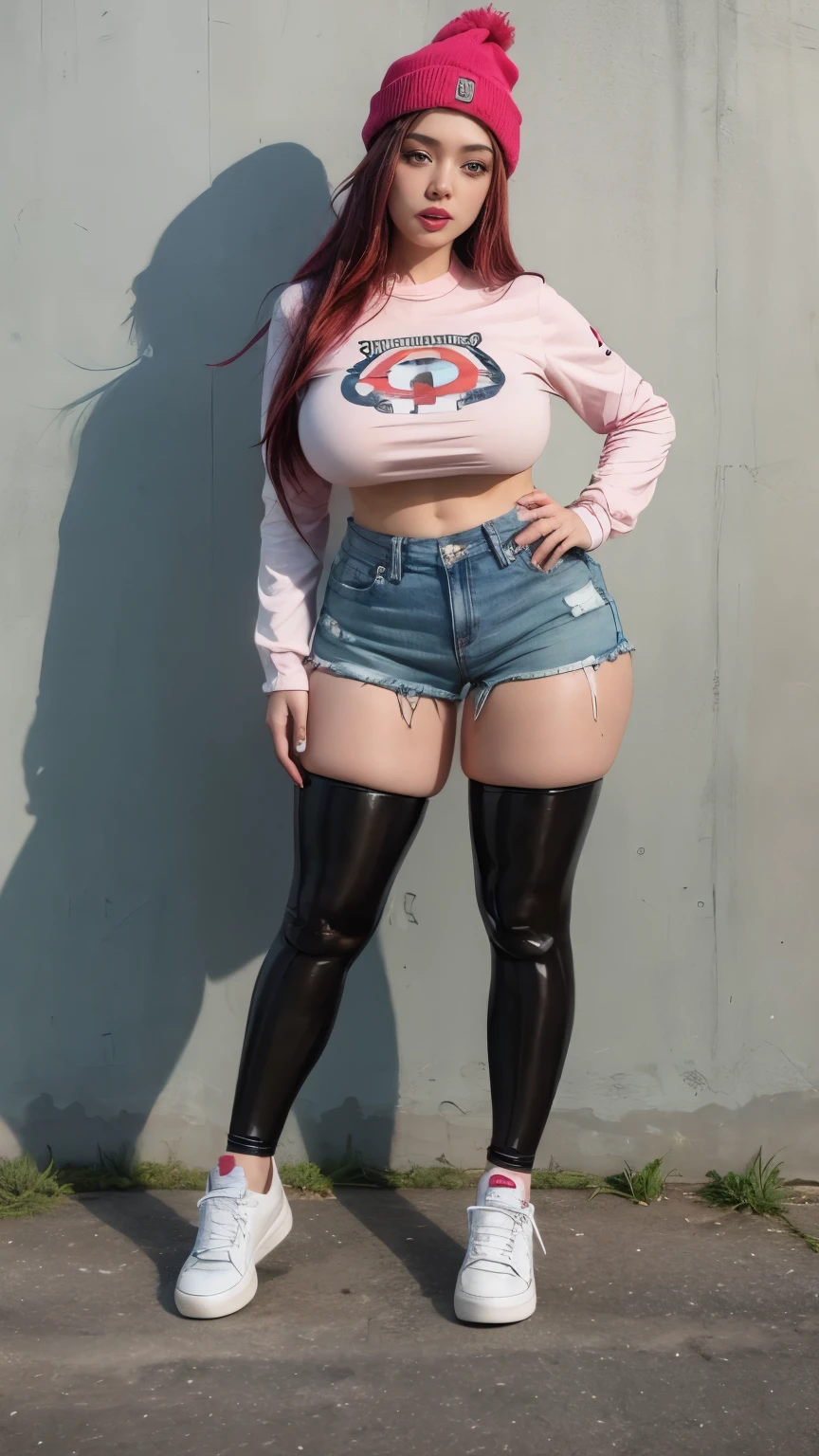 woman, tall, slender body, blue eyes, mouth with black lipstick, large breasts, tight blue jeans, tight black blouse with a pink skull design on the front, black high boots, full body image, standing, smile on her face , red hair, black painted fingernails, white background