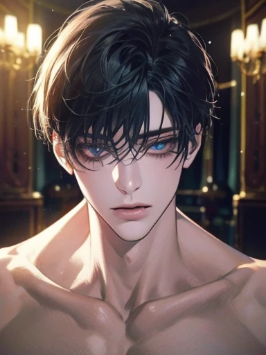 Masterpiece, Best quality, 1boys, Riosesli, Black hair, multicolored hair, Short hair, Blue eyes, Shirtless,choker necklace,full bodyesbian