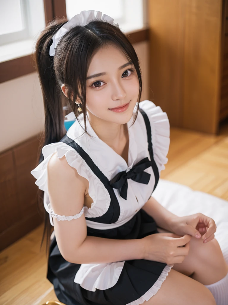 (8k, RAW Photos, Highest quality, Tabletop:1.2), High-resolution RAW color photos, Professional photography, Cowboy Shot, (Realistic, Like the picture:1.37), ((Highest quality)), 25-year-old woman, Cinematic Light, (Detailed painted face:1.2), (Tabletop:1.5), (Highest quality:1.2), (Mole:0.5), (smile:0.9), (View your viewers:1.2), Hug your feet, squat, Crumpled white panties, bow tie, (Maid Details:1.2)Browsing Caution