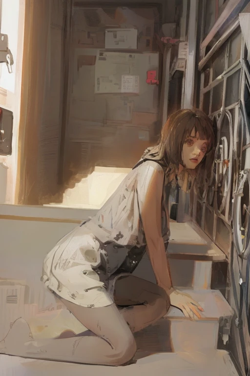 (masterpiece, Highest quality, Highest quality, Official Art, beautifully、aesthetic:1.2), (One girl:1.3), Very detailed,colorful,Most detailed ((Super detailed)), (Highly detailed CG illustrations), ((Very delicate and beautiful)),Cinematic Light,((1. Machine Girl)),alone,whole body,((Real breasts,Real nipples)),(Machine made joints:1.2),((Mechanical Limbs)),(Blood vessels connected to tubes),(Mechanical vertebrae attached to the back),((Attaching a mechanical cervical vertebra to the neck)),(Fetal position),Expressionless,(Wires and cables around the neck:1.2),(Overhead wires and cables:1.2)(Character Focus),sf,Spooky Lab Background,(Blood:1.5)