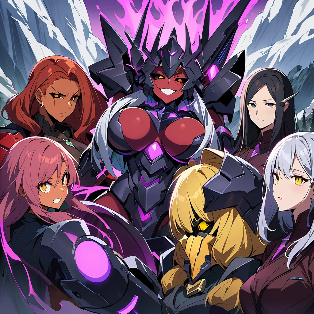 Anime, high detailed, multiple womans, mature womans, dark Ebony mecha armor, large mechanical wings, evil grin, large clawed Gauntlet, red skin, curvy body, long mechanical tail,black sclera、Colored sclera、crimson Colored skin、Yellow Eyes, elongated pupils,  Mature Woman、Black-purple aura、womans surrounding, background a glacier region