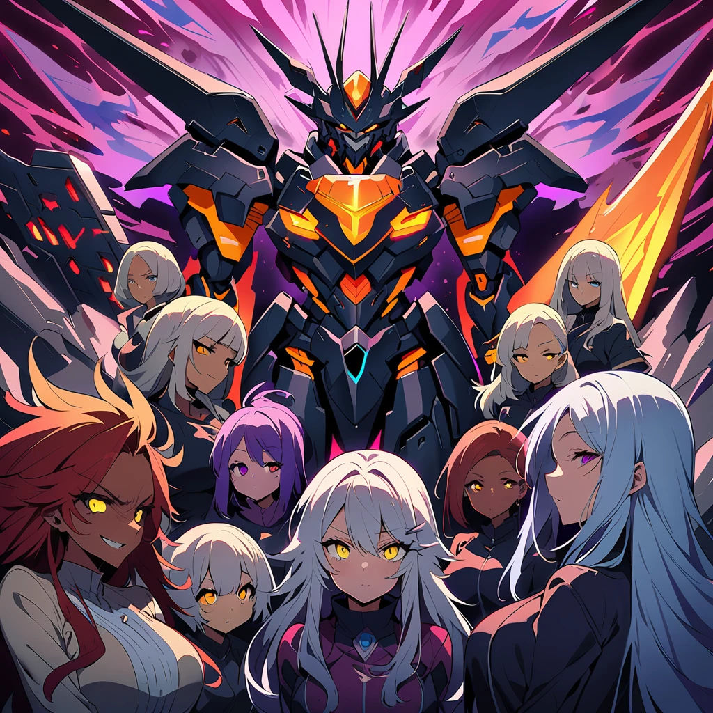 Anime, high detailed, multiple womans, mature womans, dark Ebony mecha armor, large mechanical wings, evil grin, large clawed Gauntlet, red skin, curvy body, long mechanical tail,black sclera、Colored sclera、crimson Colored skin、Yellow Eyes, elongated pupils,  Mature Woman、Black-purple aura、womans surrounding, background a glacier region