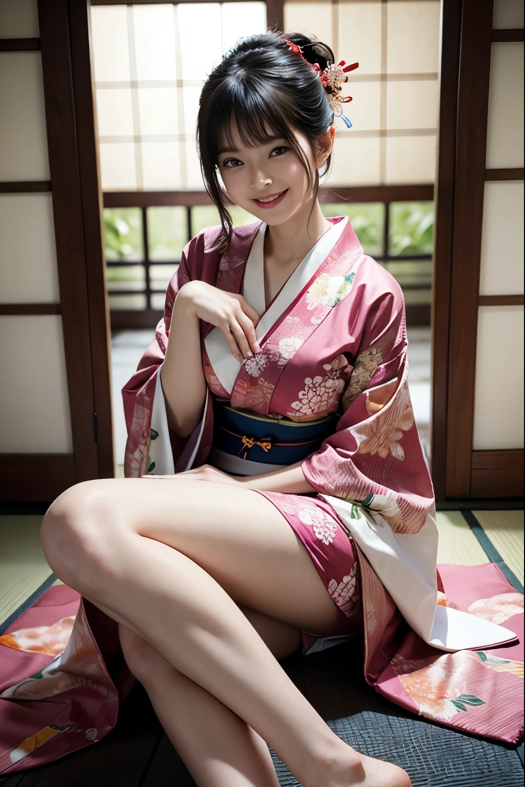 A beautiful woman. She is smiling. Wearing a Japanese kimono. Sexy. She is sitting with her legs spread. Her breasts are slightly open. (Beautiful five-fingered hands).