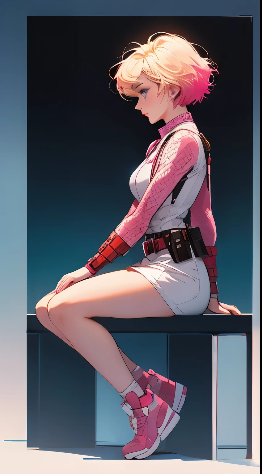 gwenpool, 1girl, blonde hair, multicolored hair, solo, blue eyes, short hair, gradient hair, belt, two-tone hair, pink hair, breasts, side profile view, side view, relaxed arms, defined body, fullbody view, fullbody shot