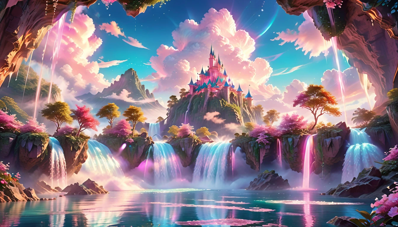 A Masterpiece In 32K Resolution: Supreme Quality, Super Detail, Official Art, Very High-Resolution 32K Wallpaper, Beautiful And Aesthetic, Ultra-Detailed Features, Awe-Inspiring Detail. Enchanted Scenes Of A Majestic Romantic Fantasy Realm. Imagine A Breathtaking World Of Romantic Fantasy, Where Intricate Floating Islands Drift Amid Fluffy Clouds. Waterfalls Cascade Gracefully From These Islands, Creating A Mesmerizing Spectacle Within A Vibrant, Surreal Atmosphere. The Environment Radiates Wonder And Tranquility, Infused With A Harmonious Blend Of Soft Pinks And Vibrant Jewel Tones. This Scene Will Be Illustrated In An Anime Style, Featuring Soft Lines And Pastel Colors Accented With Whimsical Touches. Each Building Is Exquisitely Detailed And Elegant, Capturing The Ethereal Beauty And Serenity Of A Dreamlike Realm. The Artwork Will Evoke A Sense Of Escape From The Ordinary, Showcasing Glimmering Cyan Waters And A Colorful Watercolor Sky. Add Glowing Elements And A Multitude Of Enchanting Fantasy Details, Including Iridescent Features, Beautifully Crafted Landscapes, And Sparkling Accents. The Overall Effect Should Resonate With A Captivating Fantasy Art Style, Rich In Vibrant Colors And Blurred, Surreal Details That Transport Viewers To This Magical Realm.