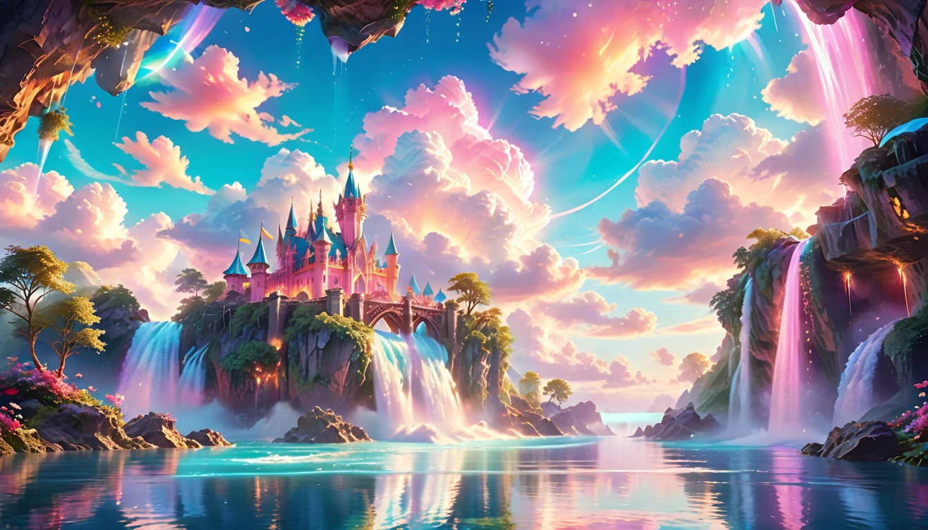 A Masterpiece In 32K Resolution: Supreme Quality, Super Detail, Official Art, Very High-Resolution 32K Wallpaper, Beautiful And Aesthetic, Ultra-Detailed Features, Awe-Inspiring Detail. Enchanted Scenes Of A Majestic Romantic Fantasy Realm. Imagine A Breathtaking World Of Romantic Fantasy, Where Intricate Floating Islands Drift Amid Fluffy Clouds. Waterfalls Cascade Gracefully From These Islands, Creating A Mesmerizing Spectacle Within A Vibrant, Surreal Atmosphere. The Environment Radiates Wonder And Tranquility, Infused With A Harmonious Blend Of Soft Pinks And Vibrant Jewel Tones. This Scene Will Be Illustrated In An Anime Style, Featuring Soft Lines And Pastel Colors Accented With Whimsical Touches. Each Building Is Exquisitely Detailed And Elegant, Capturing The Ethereal Beauty And Serenity Of A Dreamlike Realm. The Artwork Will Evoke A Sense Of Escape From The Ordinary, Showcasing Glimmering Cyan Waters And A Colorful Watercolor Sky. Add Glowing Elements And A Multitude Of Enchanting Fantasy Details, Including Iridescent Features, Beautifully Crafted Landscapes, And Sparkling Accents. The Overall Effect Should Resonate With A Captivating Fantasy Art Style, Rich In Vibrant Colors And Blurred, Surreal Details That Transport Viewers To This Magical Realm.