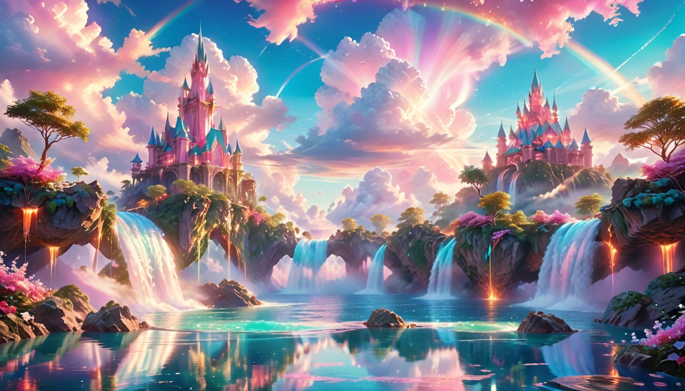 A Masterpiece In 32K Resolution: Supreme Quality, Super Detail, Official Art, Very High-Resolution 32K Wallpaper, Beautiful And Aesthetic, Ultra-Detailed Features, Awe-Inspiring Detail. Enchanted Scenes Of A Majestic Romantic Fantasy Realm. Imagine A Breathtaking World Of Romantic Fantasy, Where Intricate Floating Islands Drift Amid Fluffy Clouds. Waterfalls Cascade Gracefully From These Islands, Creating A Mesmerizing Spectacle Within A Vibrant, Surreal Atmosphere. The Environment Radiates Wonder And Tranquility, Infused With A Harmonious Blend Of Soft Pinks And Vibrant Jewel Tones. This Scene Will Be Illustrated In An Anime Style, Featuring Soft Lines And Pastel Colors Accented With Whimsical Touches. Each Building Is Exquisitely Detailed And Elegant, Capturing The Ethereal Beauty And Serenity Of A Dreamlike Realm. The Artwork Will Evoke A Sense Of Escape From The Ordinary, Showcasing Glimmering Cyan Waters And A Colorful Watercolor Sky. Add Glowing Elements And A Multitude Of Enchanting Fantasy Details, Including Iridescent Features, Beautifully Crafted Landscapes, And Sparkling Accents. The Overall Effect Should Resonate With A Captivating Fantasy Art Style, Rich In Vibrant Colors And Blurred, Surreal Details That Transport Viewers To This Magical Realm.