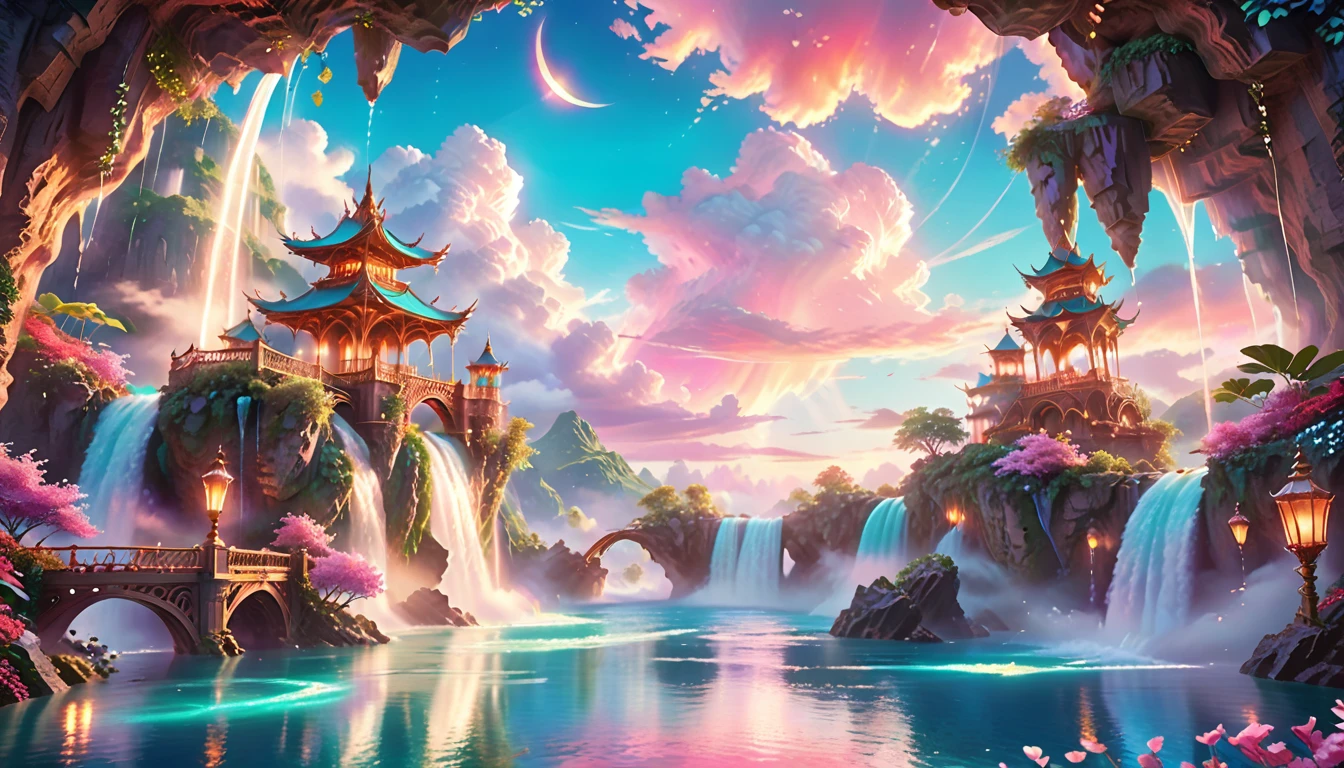 A Masterpiece In 32K Resolution: Supreme Quality, Super Detail, Official Art, Very High-Resolution 32K Wallpaper, Beautiful And Aesthetic, Ultra-Detailed Features, Awe-Inspiring Detail. Enchanted Scenes Of A Majestic Romantic Fantasy Realm. Imagine A Breathtaking World Of Romantic Fantasy, Where Intricate Floating Islands Drift Amid Fluffy Clouds. Waterfalls Cascade Gracefully From These Islands, Creating A Mesmerizing Spectacle Within A Vibrant, Surreal Atmosphere. The Environment Radiates Wonder And Tranquility, Infused With A Harmonious Blend Of Soft Pinks And Vibrant Jewel Tones. This Scene Will Be Illustrated In An Anime Style, Featuring Soft Lines And Pastel Colors Accented With Whimsical Touches. Each Building Is Exquisitely Detailed And Elegant, Capturing The Ethereal Beauty And Serenity Of A Dreamlike Realm. The Artwork Will Evoke A Sense Of Escape From The Ordinary, Showcasing Glimmering Cyan Waters And A Colorful Watercolor Sky. Add Glowing Elements And A Multitude Of Enchanting Fantasy Details, Including Iridescent Features, Beautifully Crafted Landscapes, And Sparkling Accents. The Overall Effect Should Resonate With A Captivating Fantasy Art Style, Rich In Vibrant Colors And Blurred, Surreal Details That Transport Viewers To This Magical Realm.